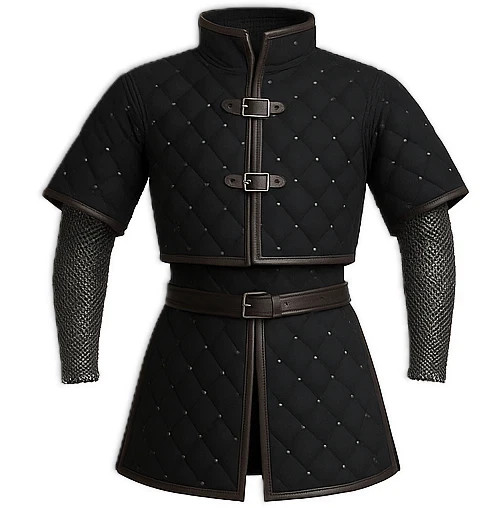 Black Cotton Gambeson Armor – LARP Medieval Padded Jacket with Leather Trim