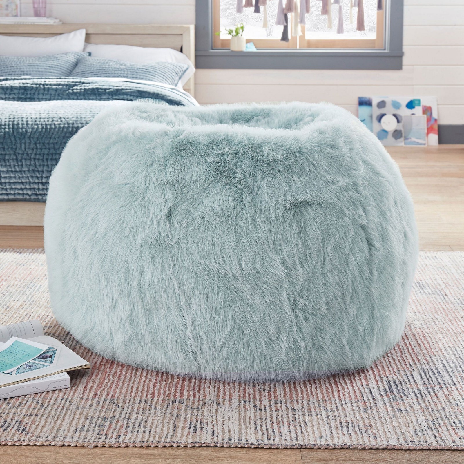 NEW Pottery Barn Faux Fur Porcelain Blue Bean Bag Ottoman Poof Chair Cover Only