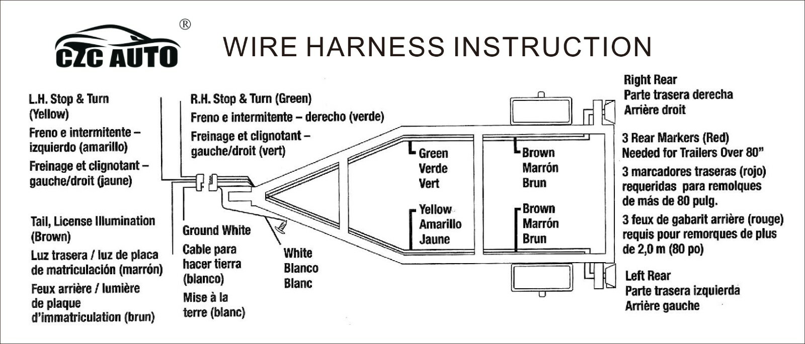 4-Way Flat Trailer Wiring Harness Kit Wishbone Style 25' + 4' for Trailer Boat