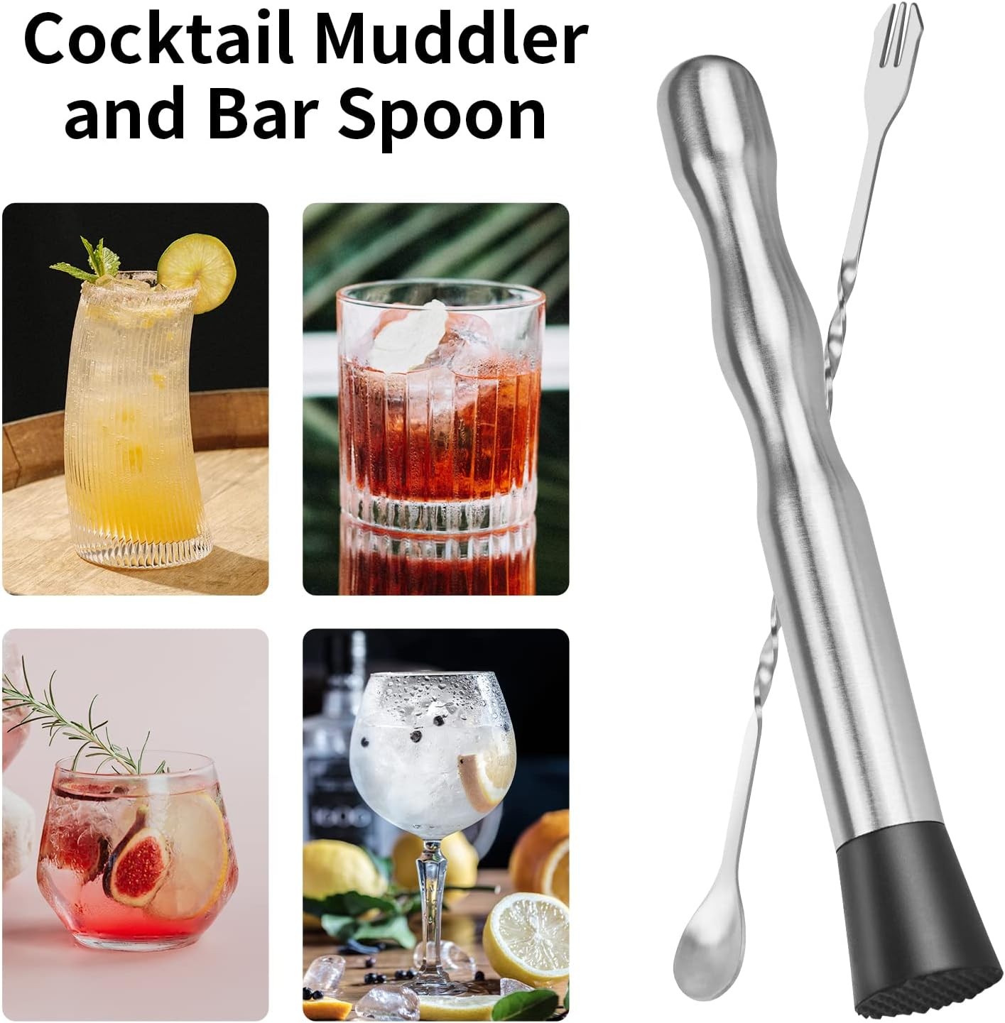 Muddler for Cocktails Bar Spoon - Vaincre 2PCS 9" and 10” Silver