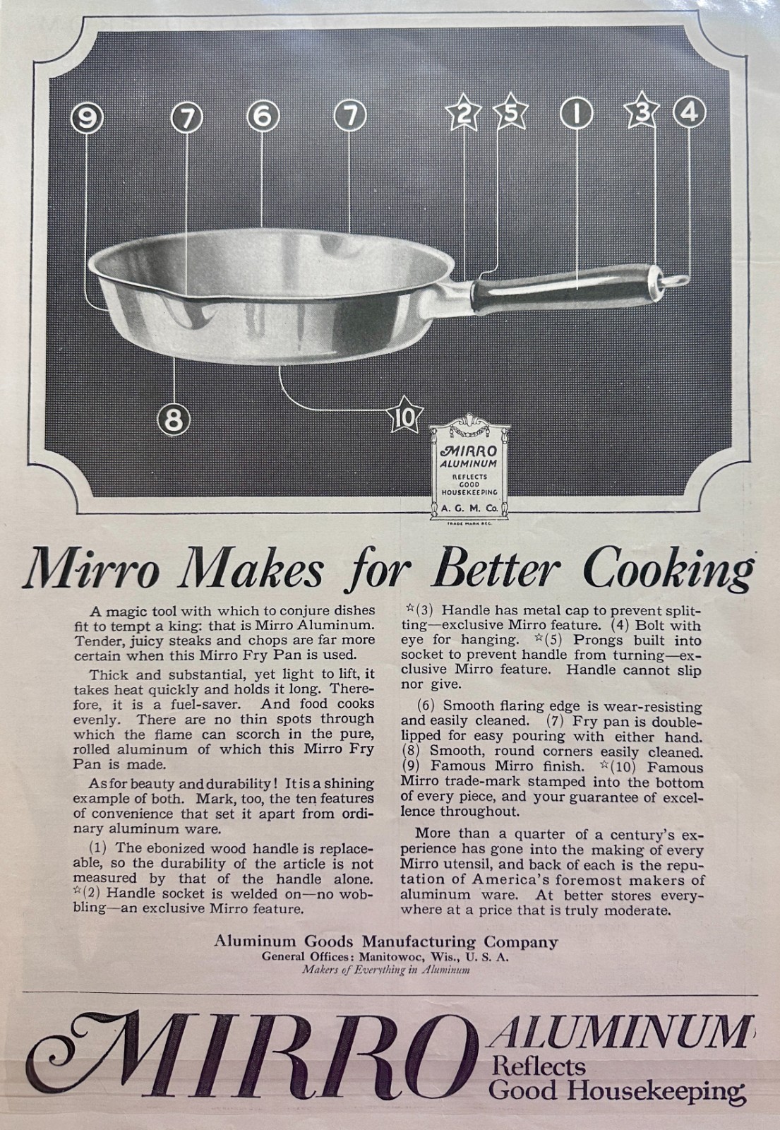 Lot of (2) Mirro Aluminum Cookware Ads - 1920 - Manitowoc, WI Set #93