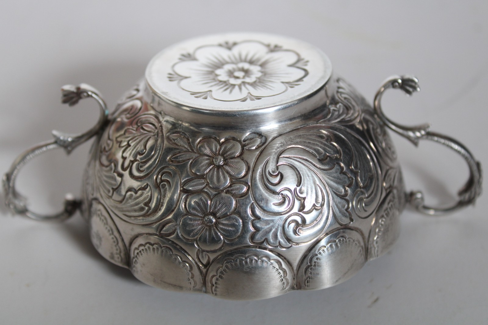 Antique 19th Century Silver Portuguese Bernegal Repousse Handled Religious Cup