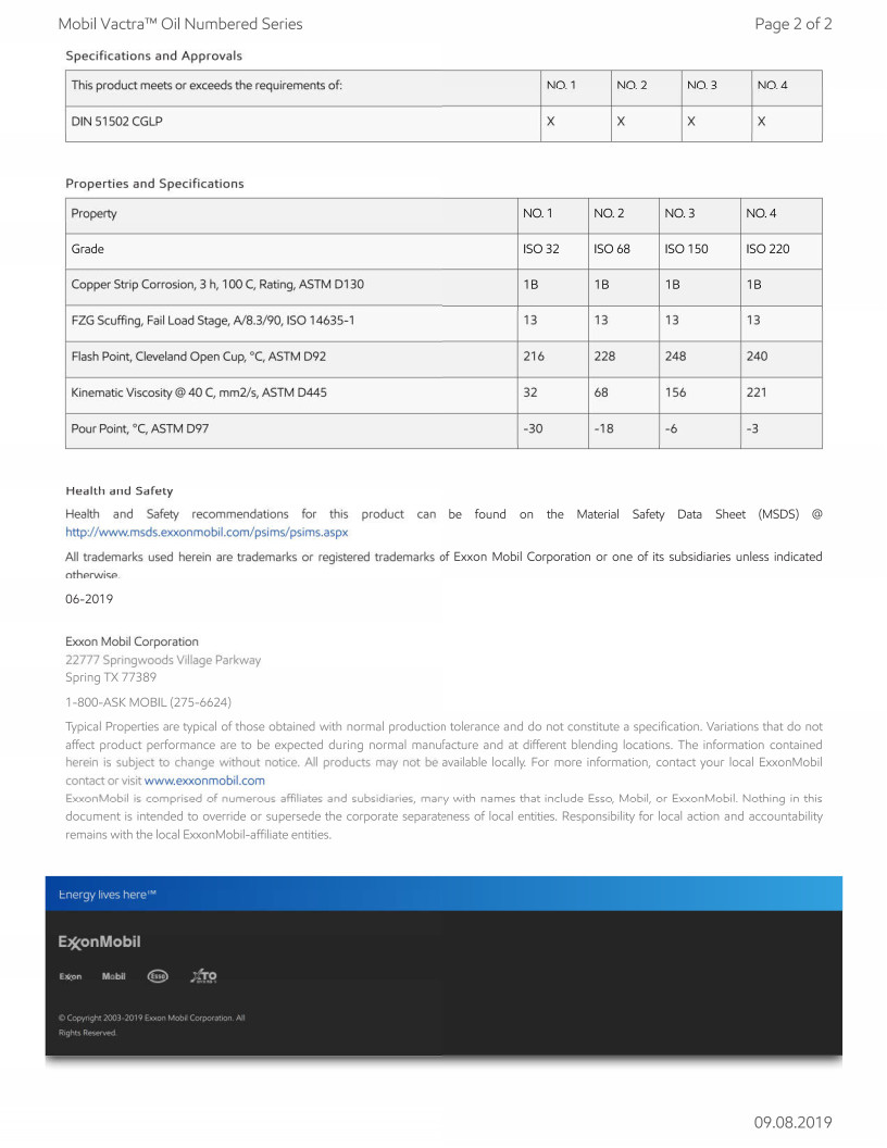 Mobil Vactra Oil No. 2; Way Oil ISO 68; Way and Slide Lubricants; 5 Gallon Pail