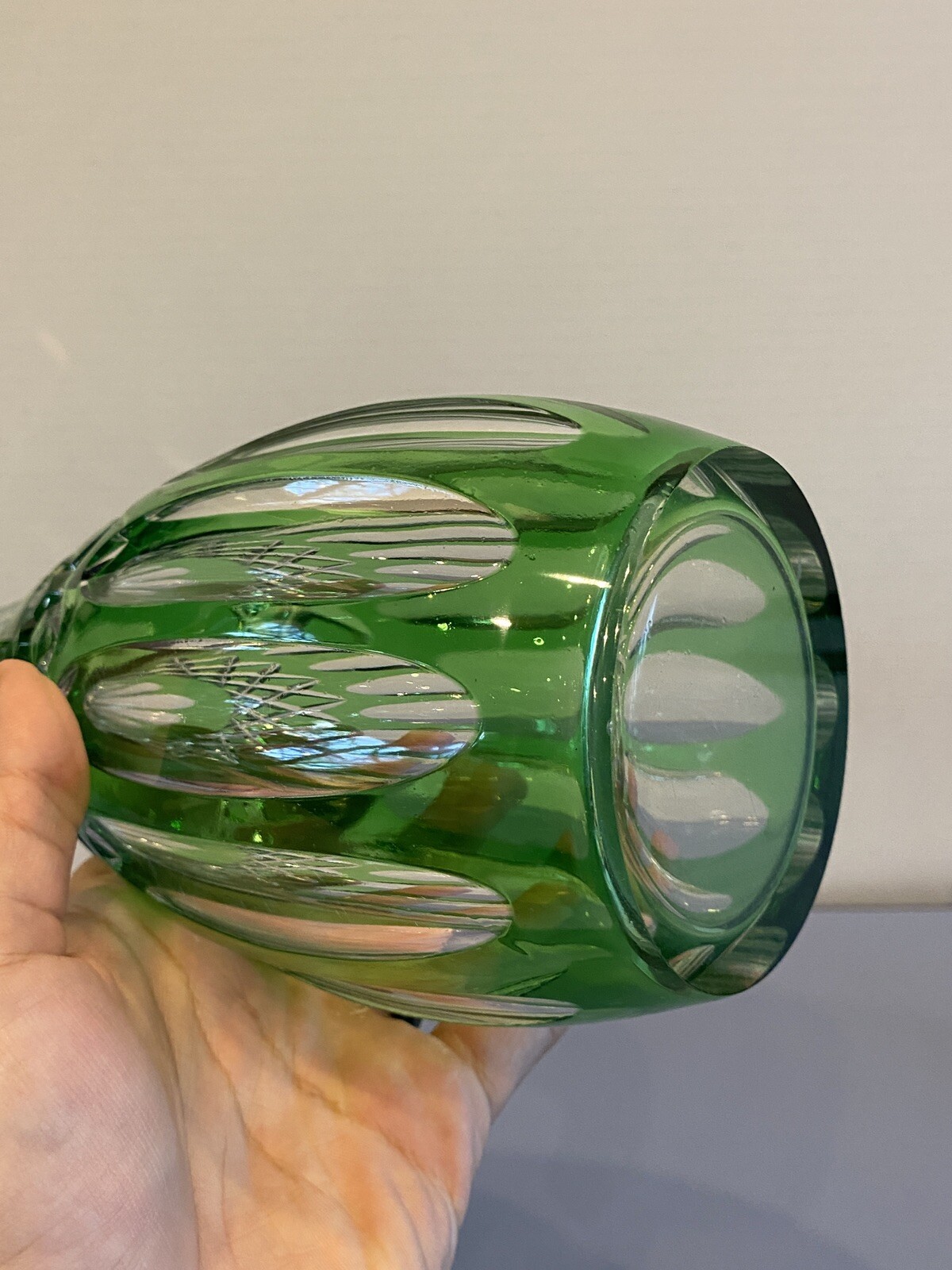 STUNNING VTG Emerald Green Cut To Clear Crystal Decanter W/Stopper 15.25"H