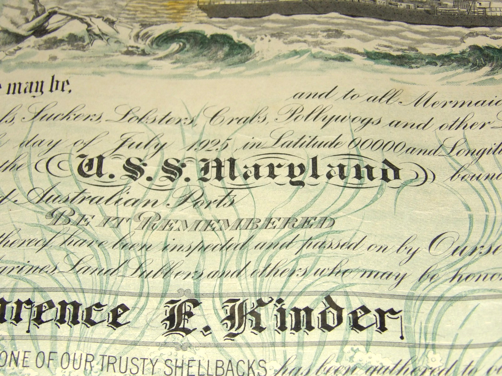 1925 USS Maryland Domain Of Neptunus Rex Navy Certificate Topless Mermaids