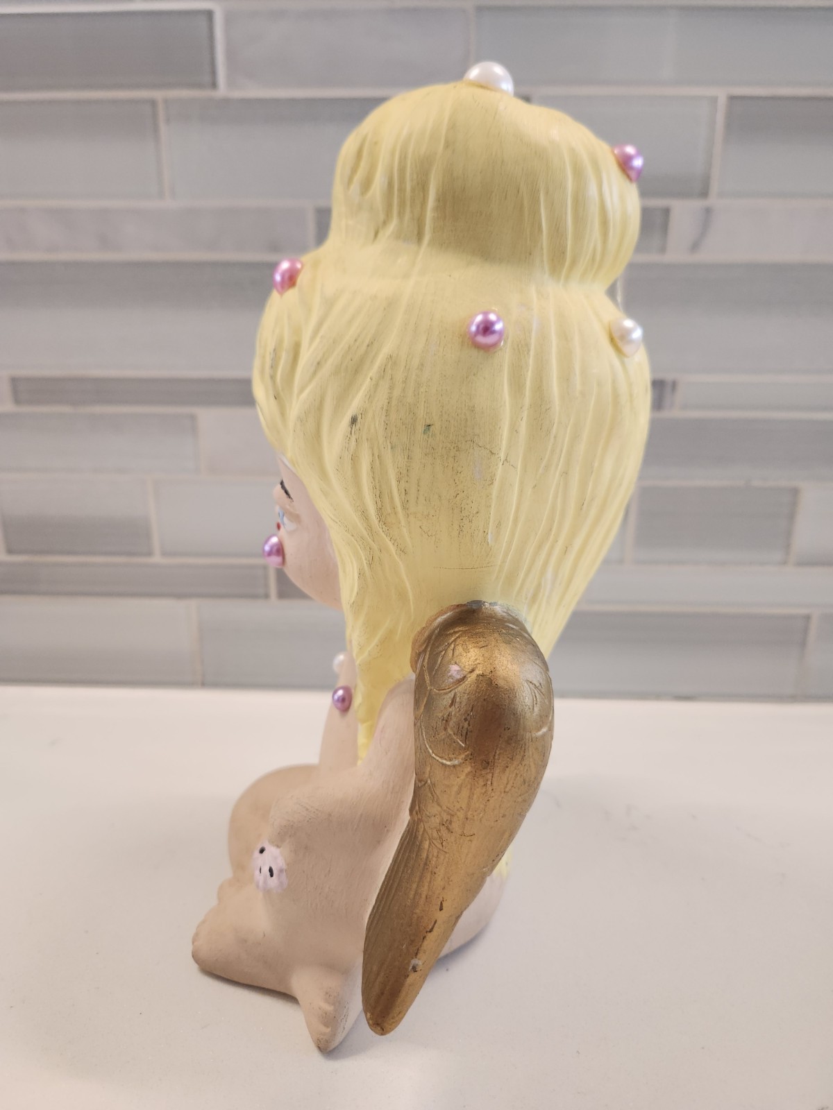 Weird Blonde Winged Angel Cherub 9.5" Statuette Figure 1982 Kathy's Ceramics