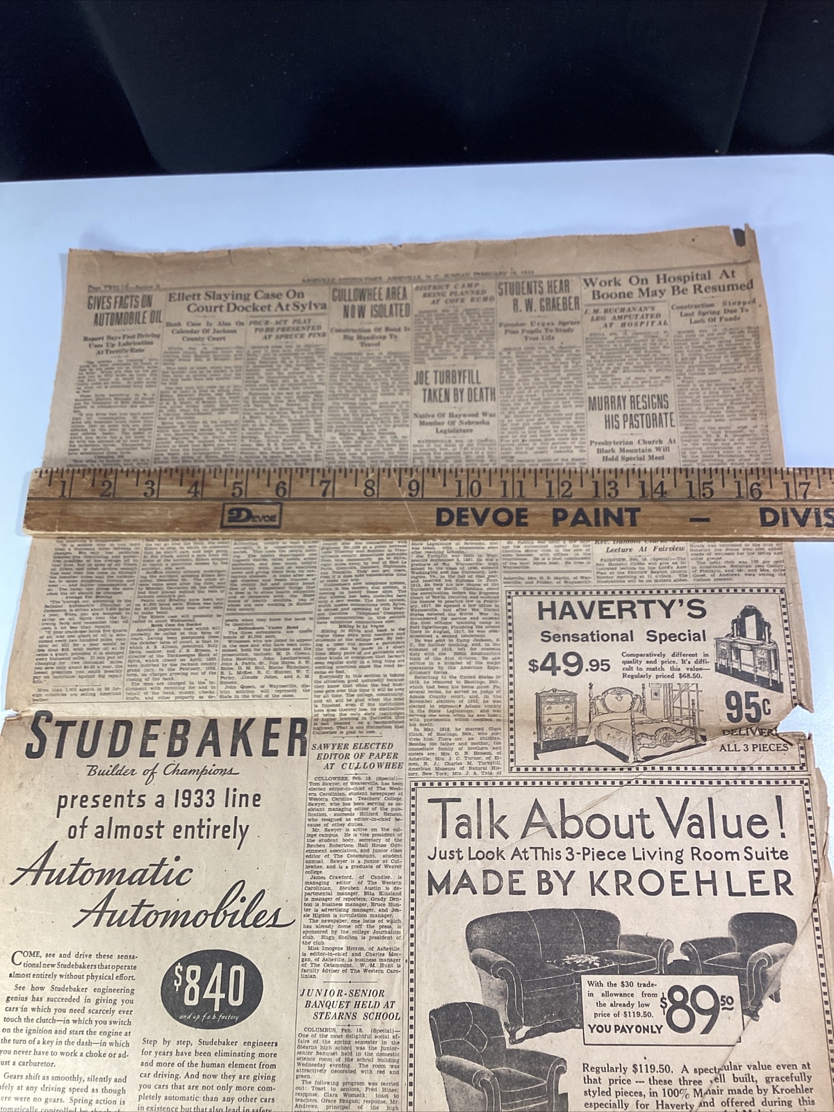 Ashville NC Newspaper Feb 19, 1933 Boxer Jim Corbett Dempsey Lou Gehrig Haverty