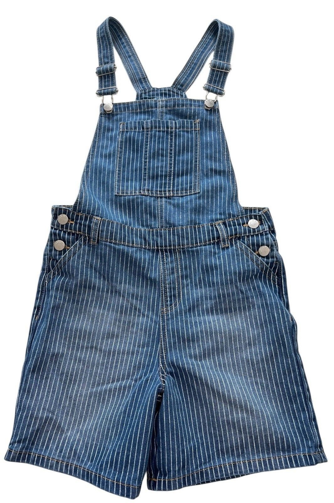 DKNY Girls Overall Shorts Blue White Stripe Adjustable Straps Size 14 Logo