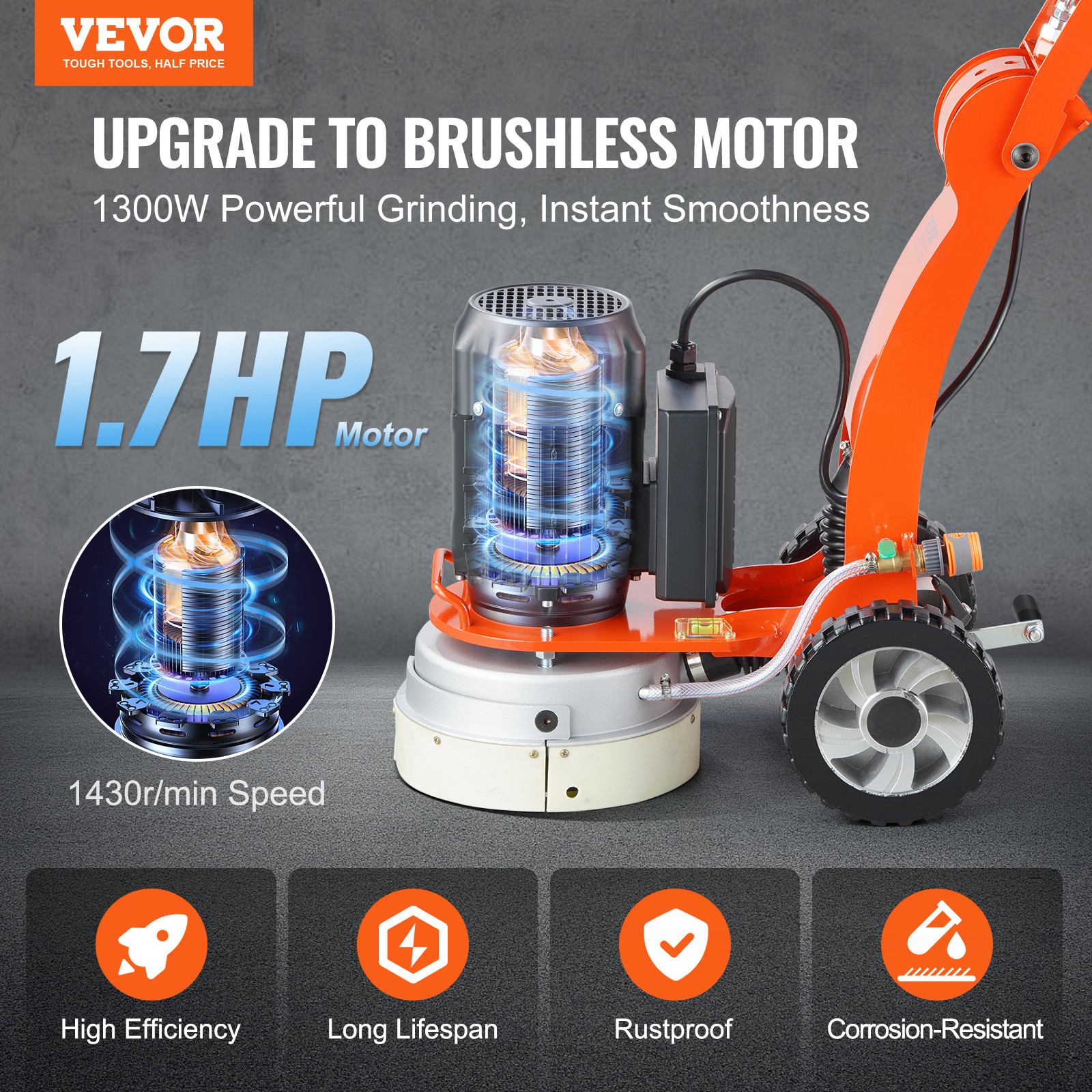 VEVOR Concrete Floor Grinder 10" Walk-Behind Polisher 1.7HP Adjustable Machine
