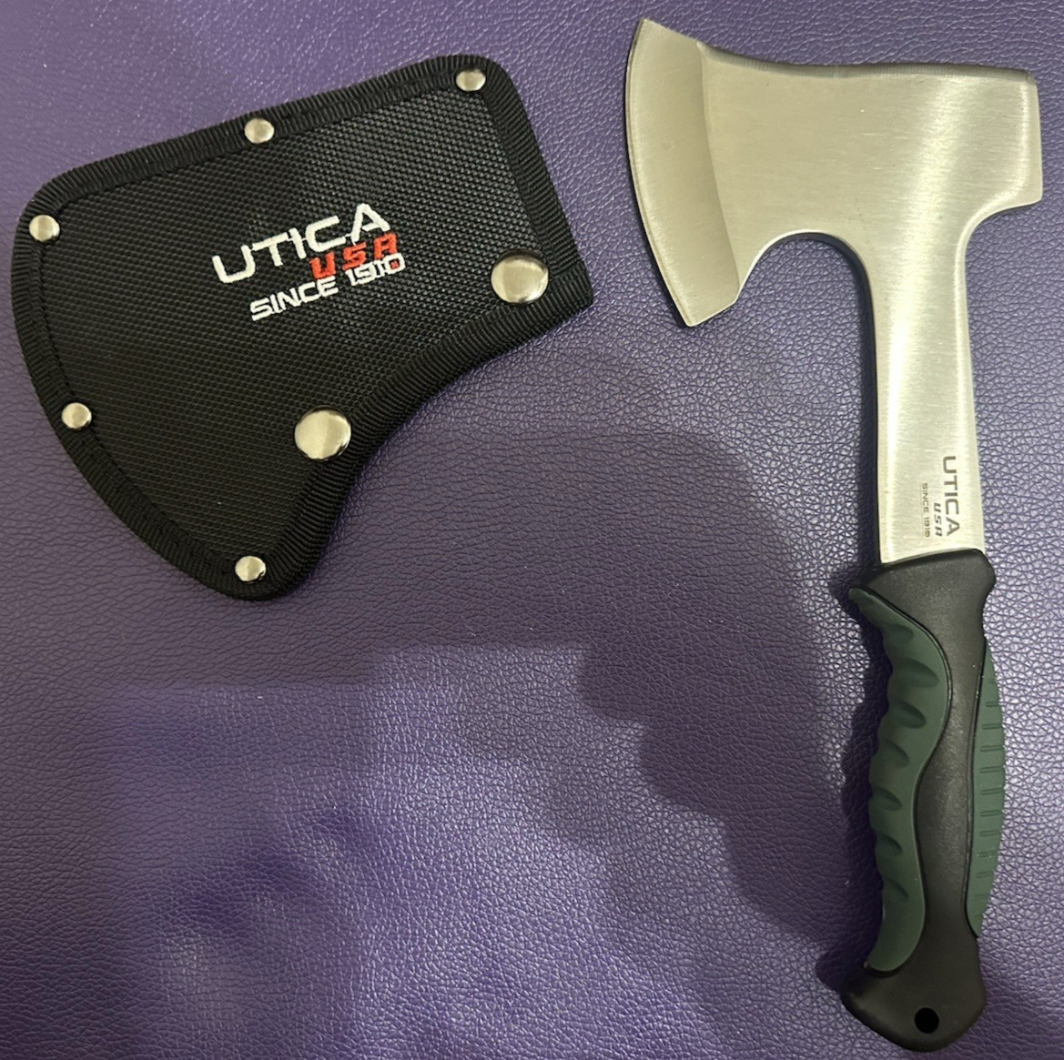 Utica .23" Thick 5.7" Hatchet Axe with Sheath Holster Green Rubberized Handle