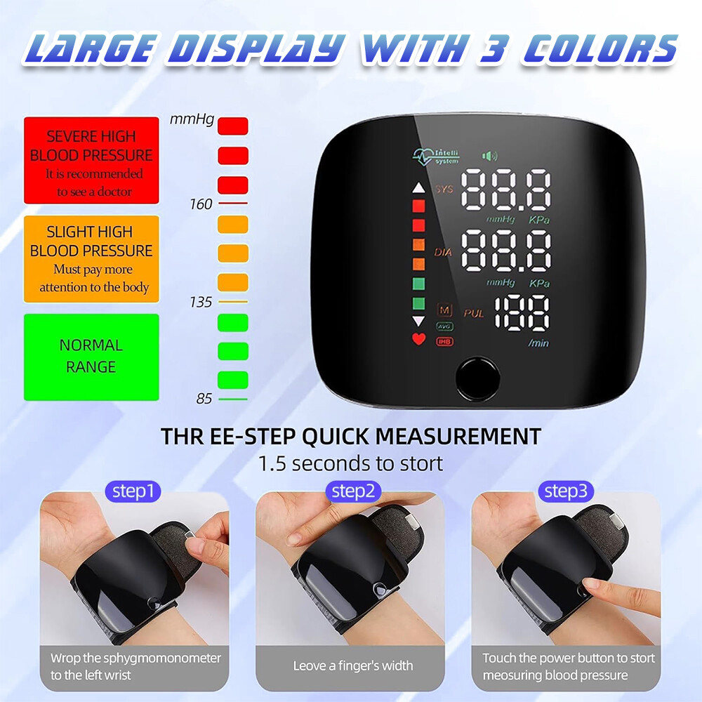 LED Blood Pressure Monitor Wrist Rechargeable Voice Broadcast Heart Rate Machine