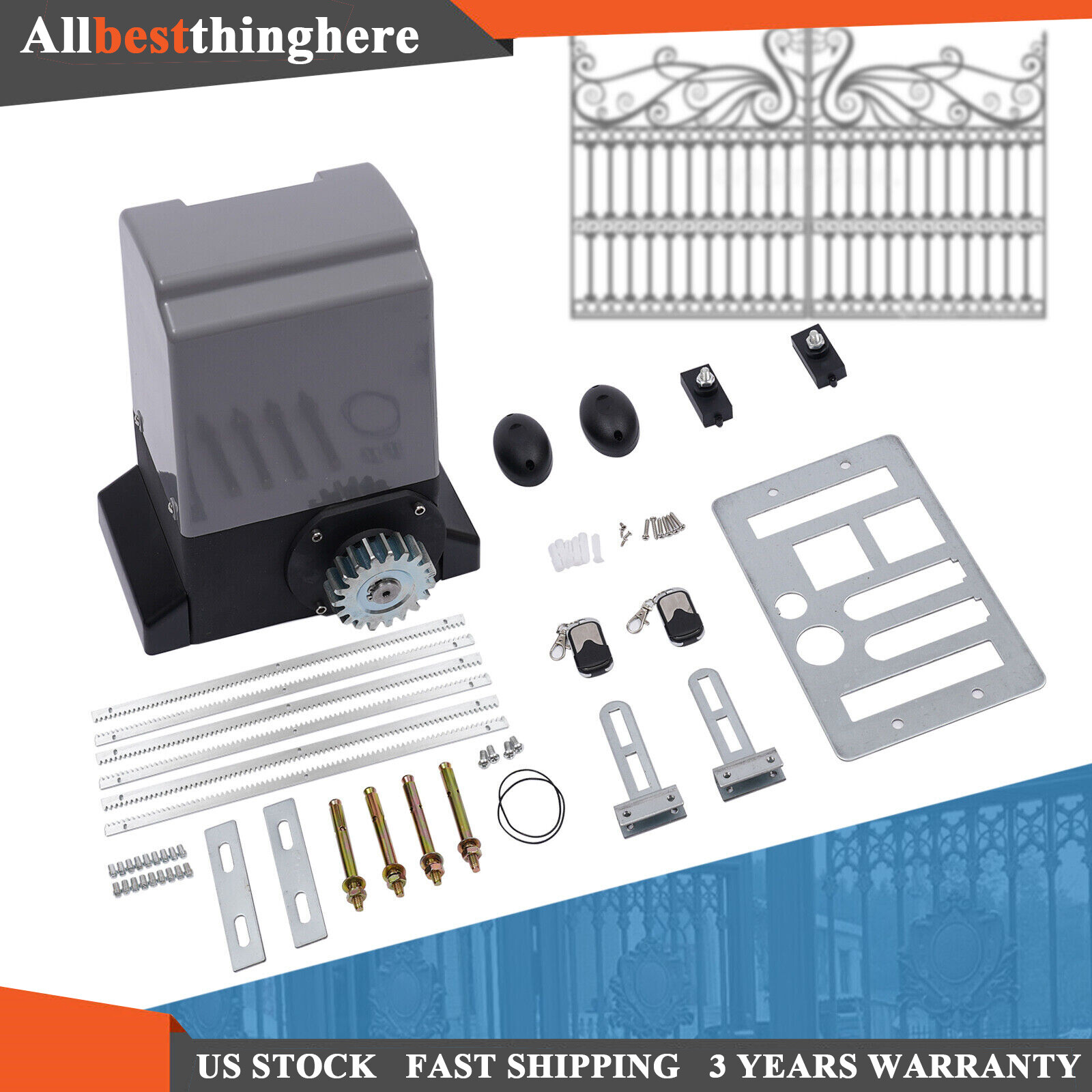 4400LBS Automatic Sliding Gate Opener Rack Driven W/ 2 Remotes & Complete Kit