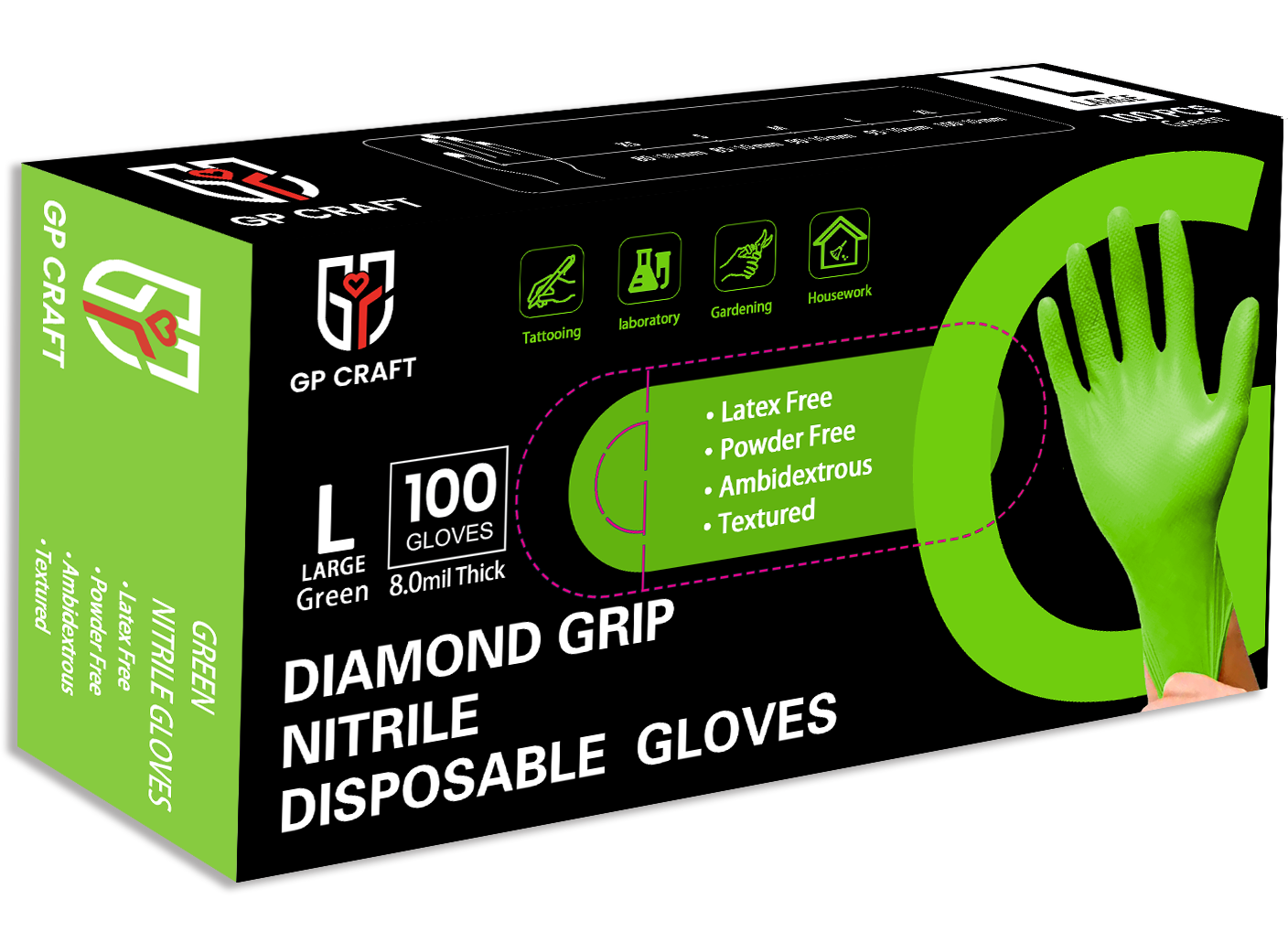 GP Craft Green Nitrile Gloves Disposable Latex-Free (100/count) 8 Mil Thick