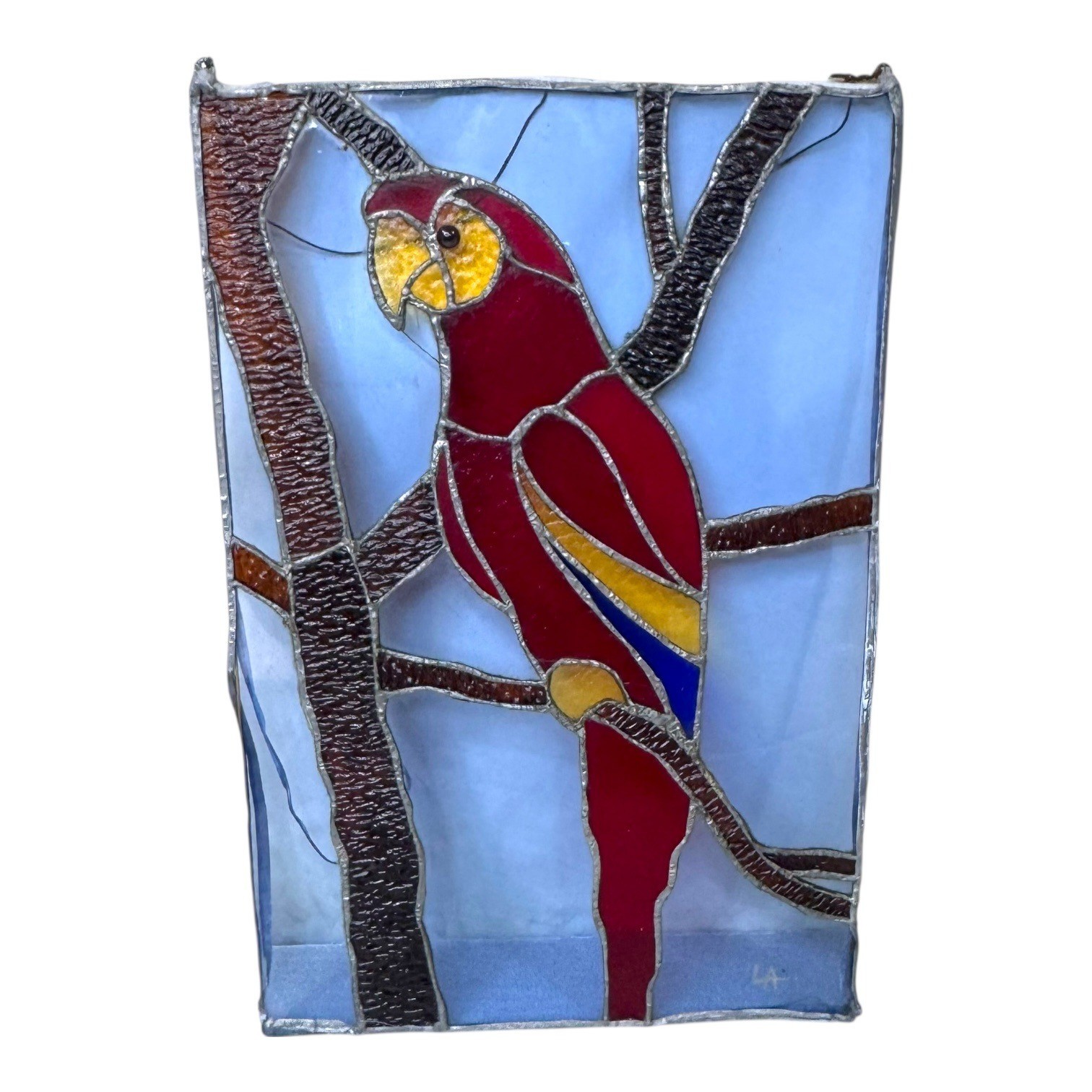 Handcrafted Signed Stained Glass Scarlet Macaw Parrot Wall Art Artisan Panel 18"