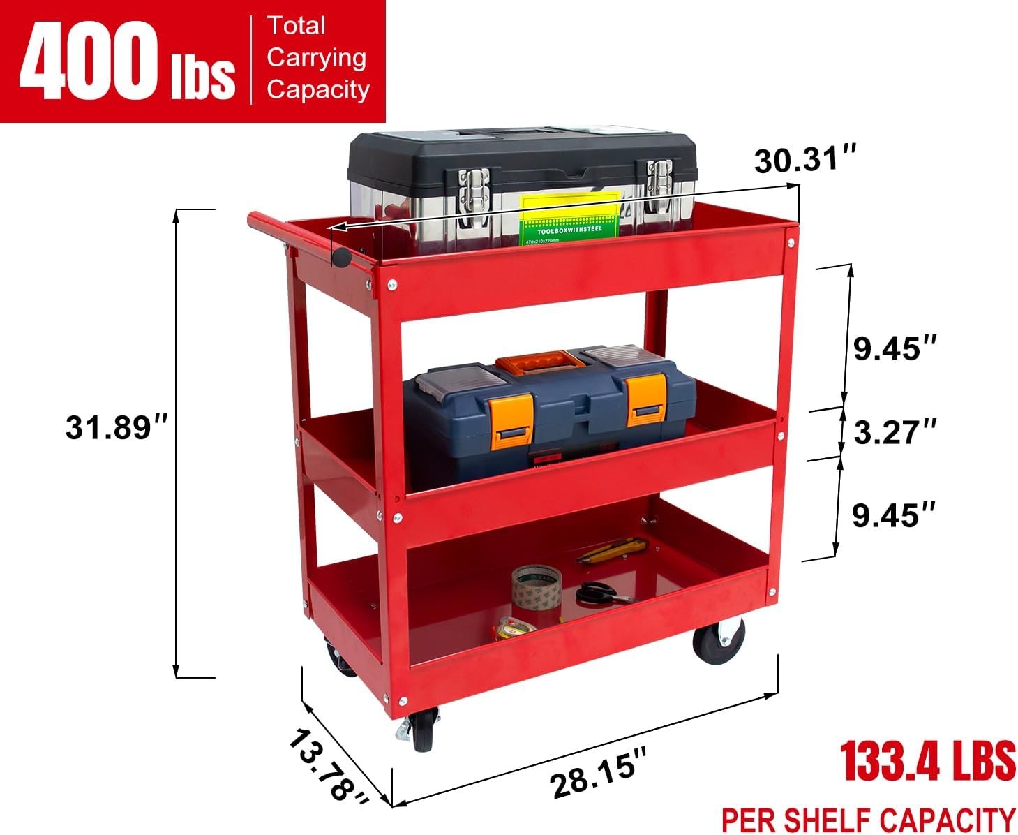 Torin Service Utility Cart Heavy Duty 3 Shelf Tier, 400 lbs Rolling Trolley