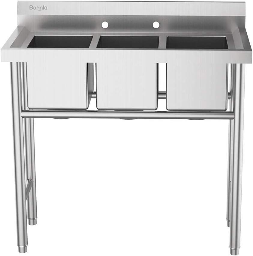 Heavy-duty 304 Stainless Steel Sink 3 Compartment Free Standing Utility Sink NEW