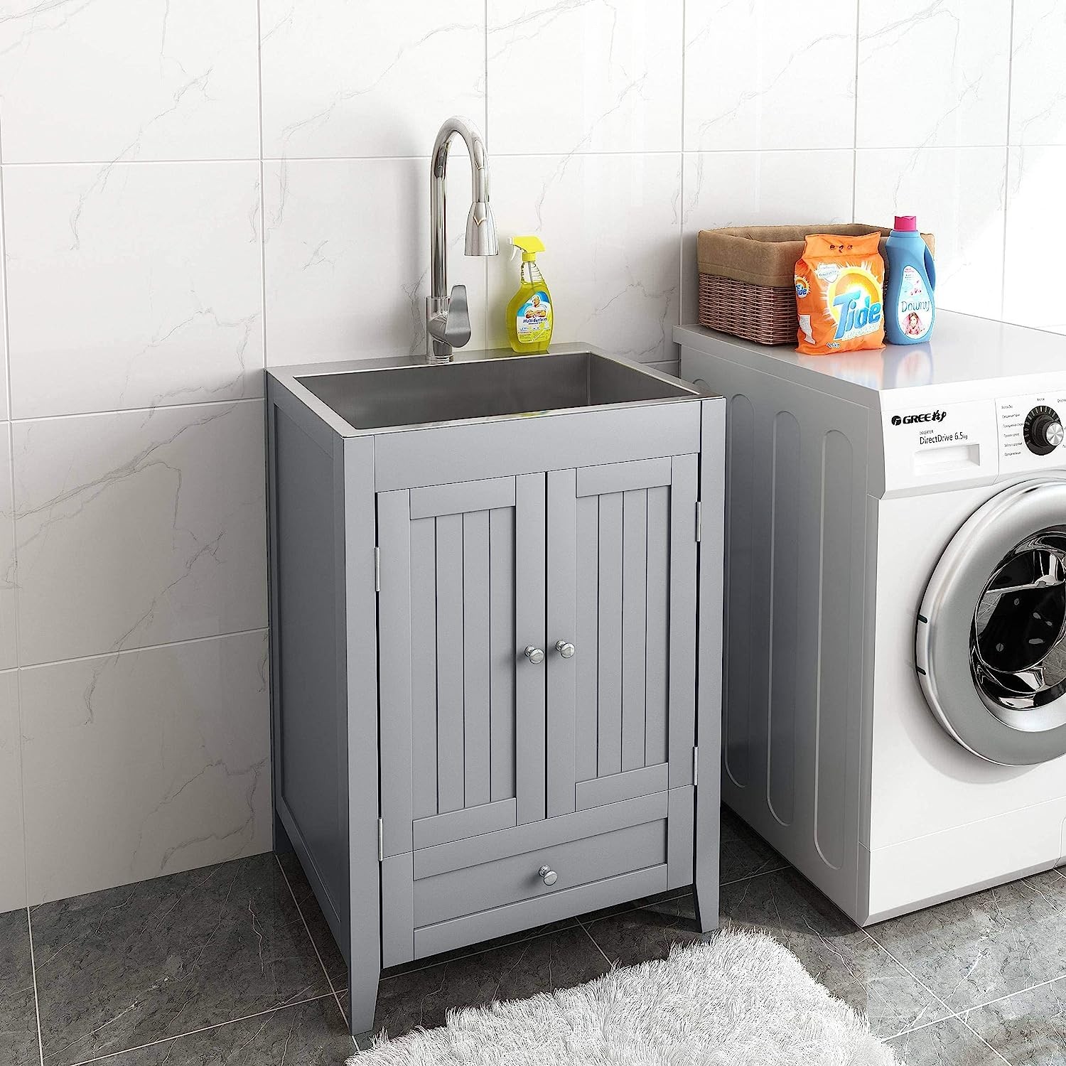 Stainless Steel Utility Sink with Cabinet and Pull-Down Faucet for Laundry Room