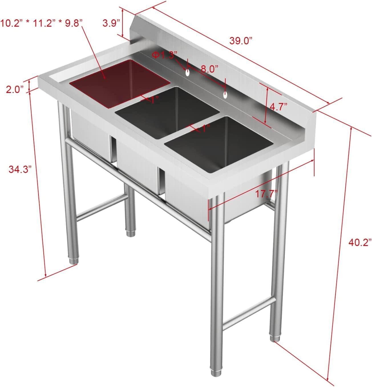 Heavy-duty 304 Stainless Steel Sink 3 Compartment Free Standing Utility Sink NEW