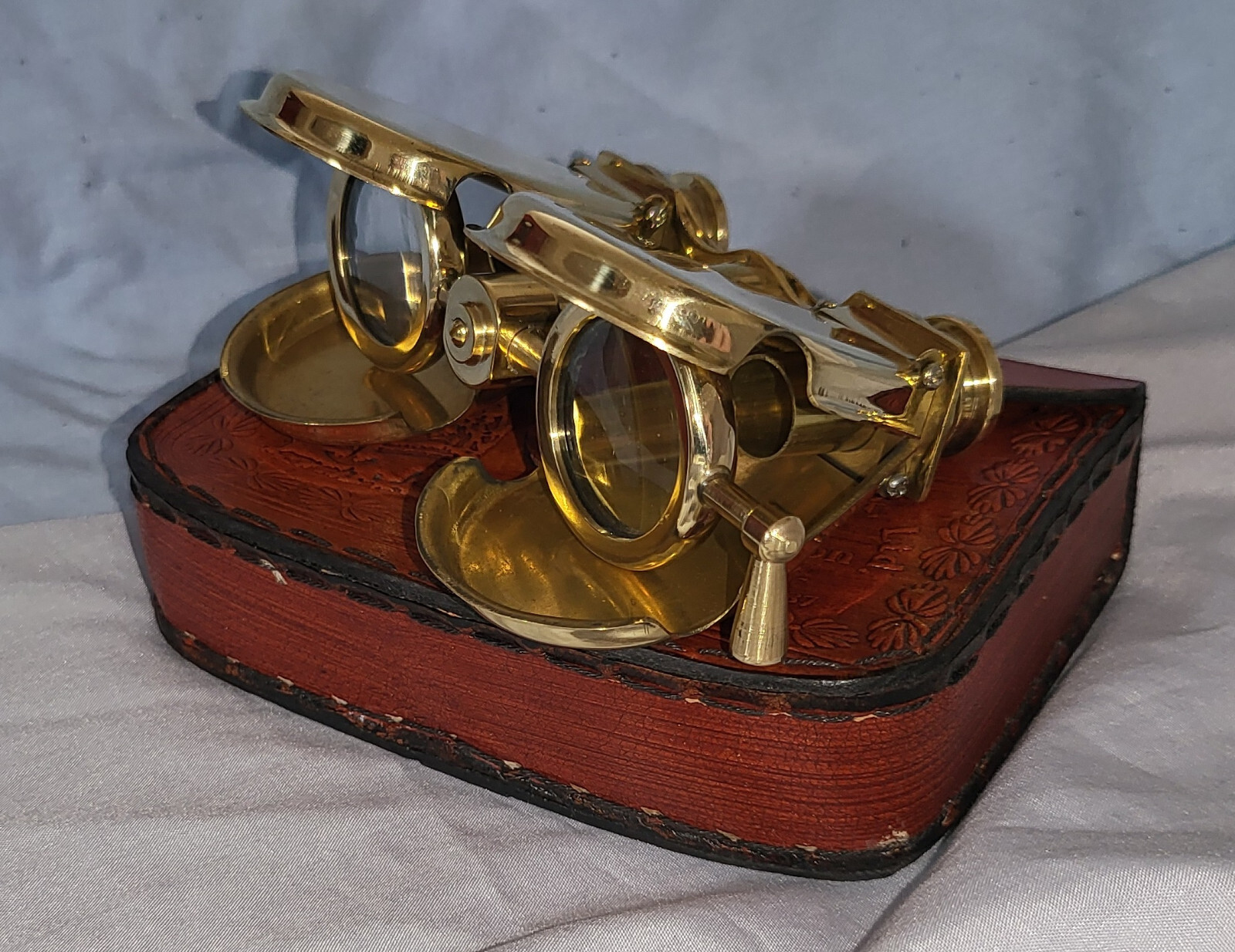 Gold Folding Binoculars Leather Case London Royal Navy Ship Opera Glasses Retro