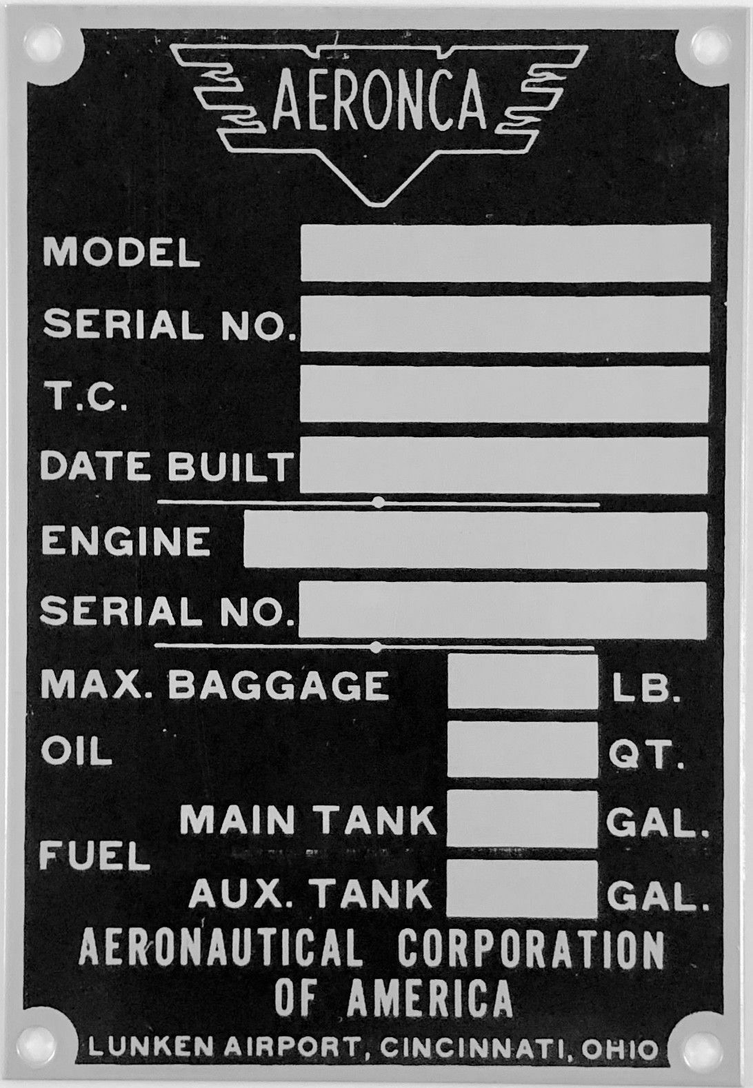 Aeronca Data Plate- Unstamped Stainless Steel Post War Replacement DPL-0103