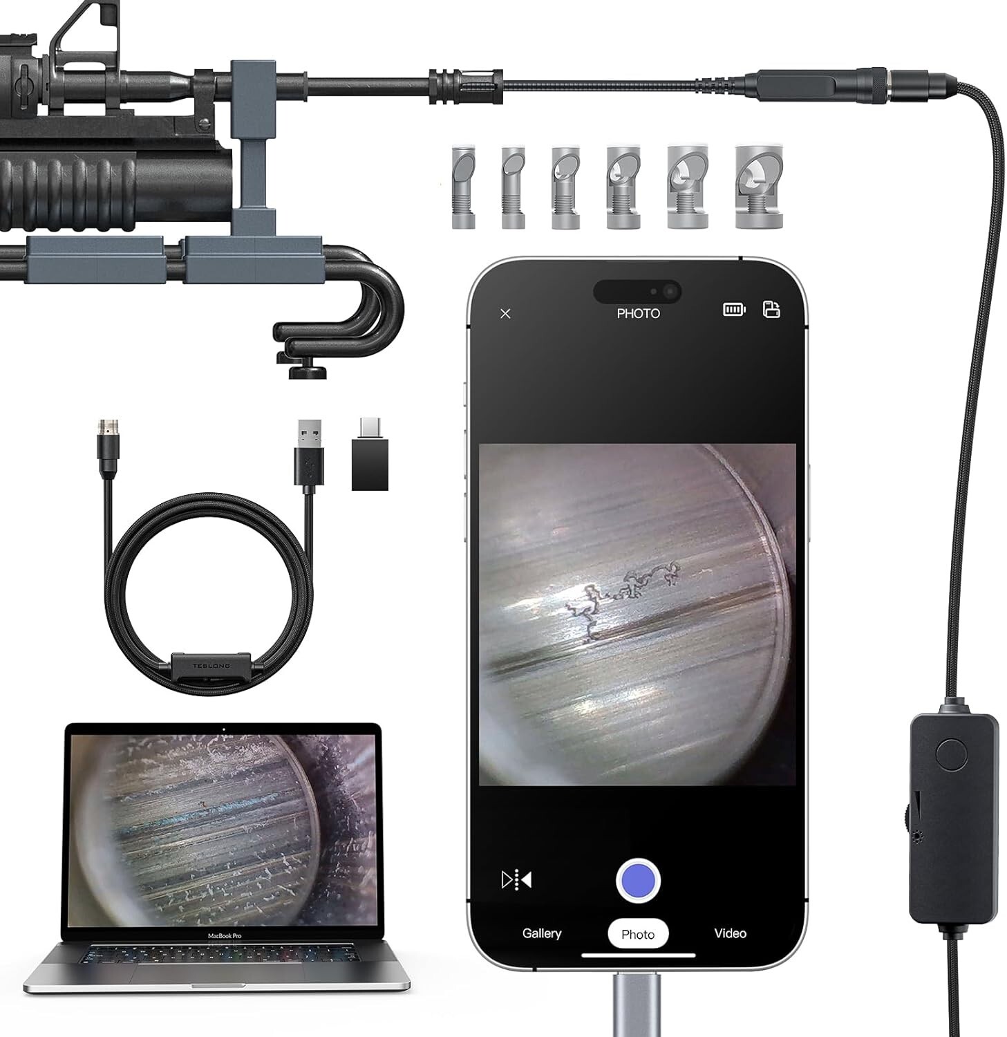 Teslong USB C 45inch Flexible Rifle Borescope Gun Cleaning Camera Fits .20 Calib