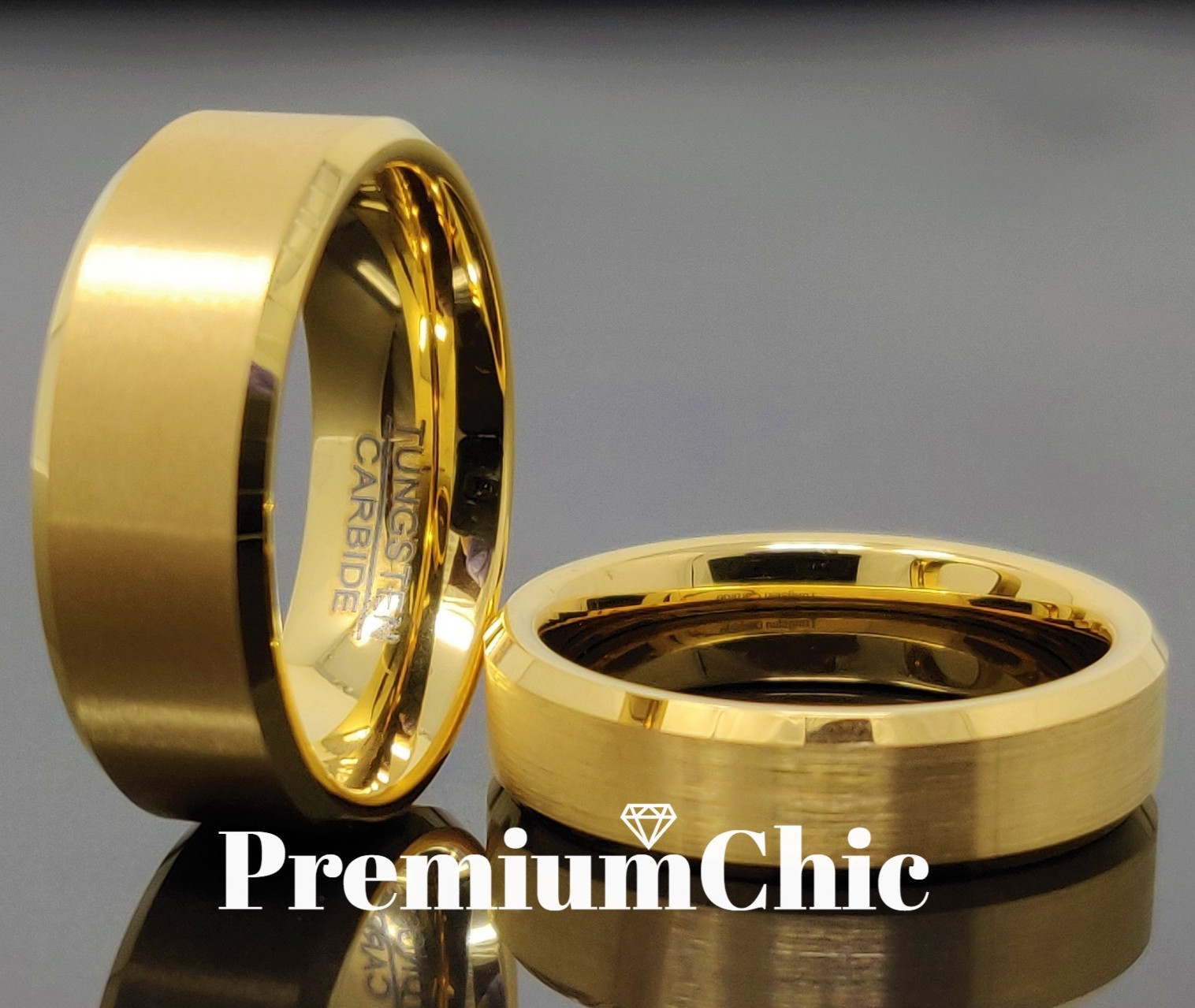 24k Gold Plated Tungsten Carbide Men's Wedding Band Ring Brushed Beveled Edge