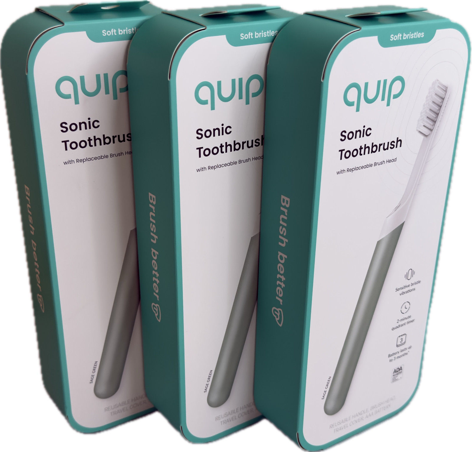 3 Pk Quip 920-00266 Metal Sonic Electric Toothbrush Sage Green (New/Unused)