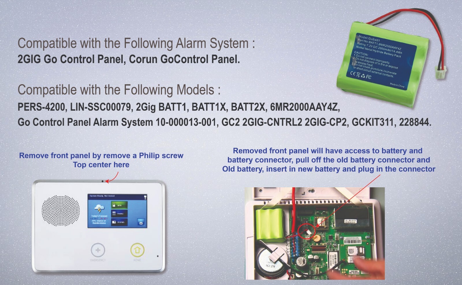 Battery Replacement For Go Control Security Panel Alarm System 2Gig BATT1 BATT2