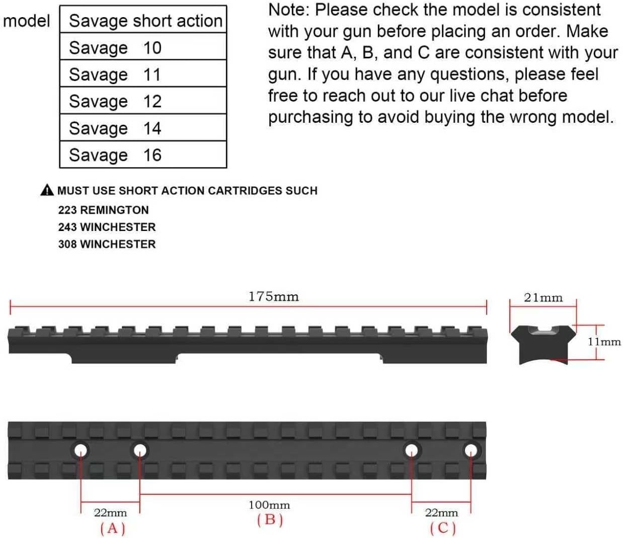 Savage Short Action Picatinny Rail Scope Base for Savage 10/11/12/14/16/110