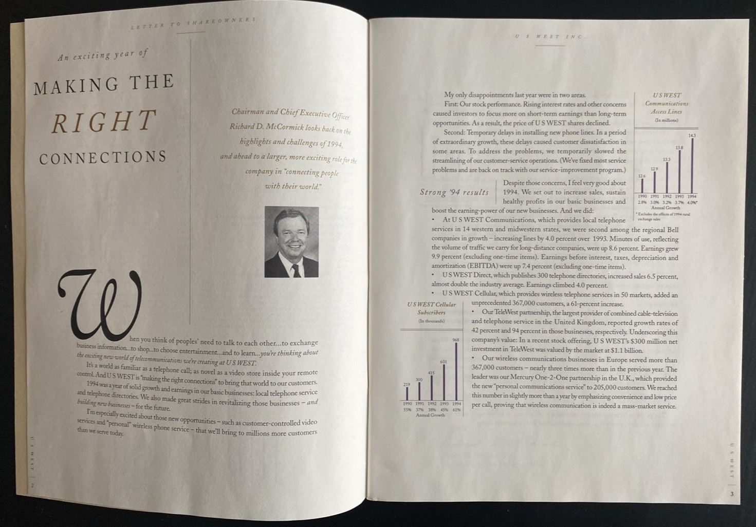 Vtg 1994 Annual Report US West Inc Colorado -Dick Cheney Board Member- 56 pgs