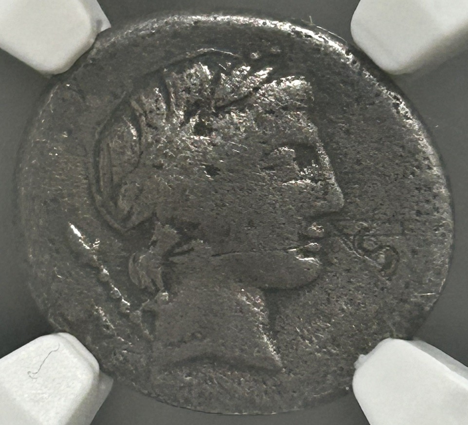 Pub Crepusius AR Denarius 82 BC Apollo Scepter Horseman Spear NGC VG