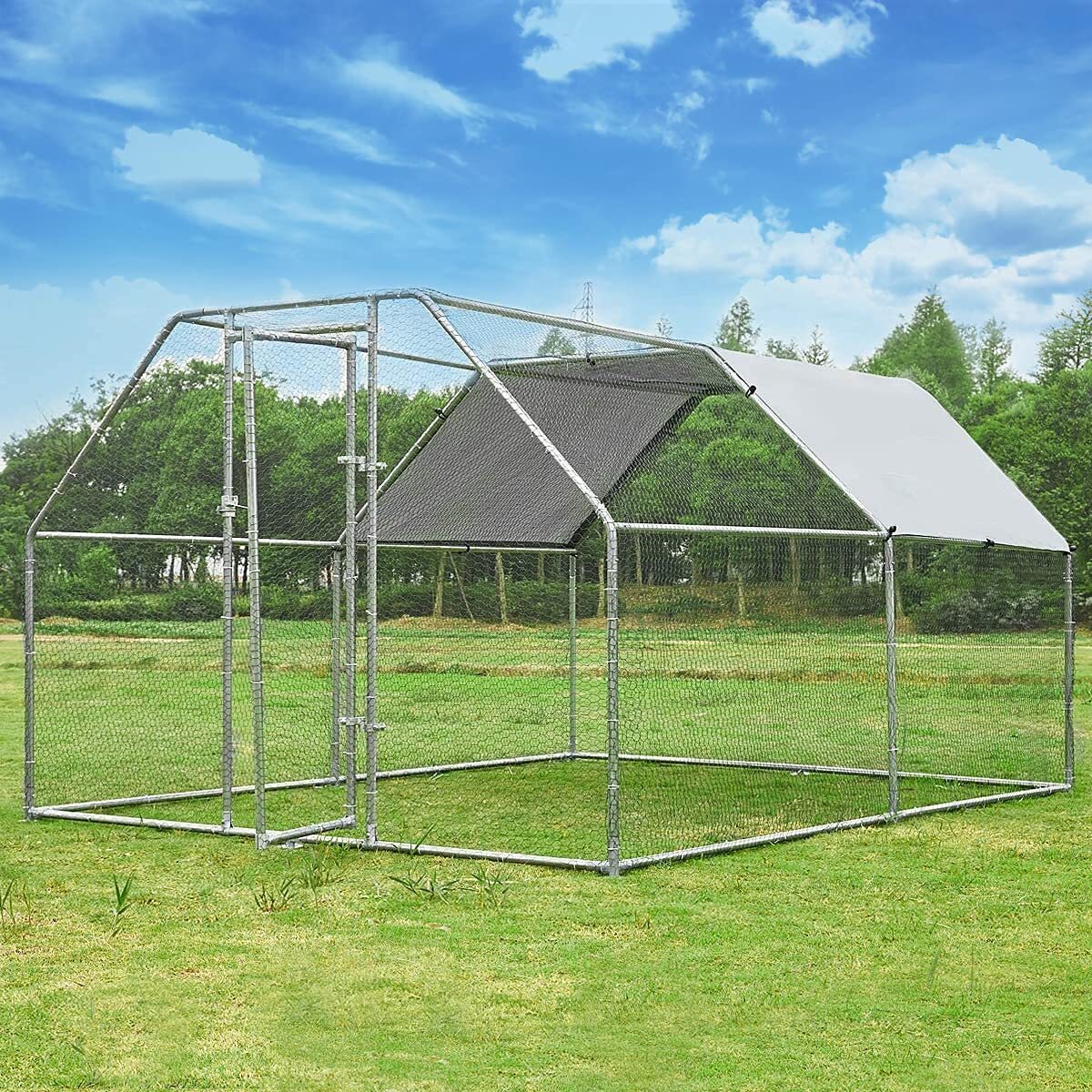 Large Metal Chicken Coop Walk-in Poultry Cage Hen House Flat Roof w/Cover Yard