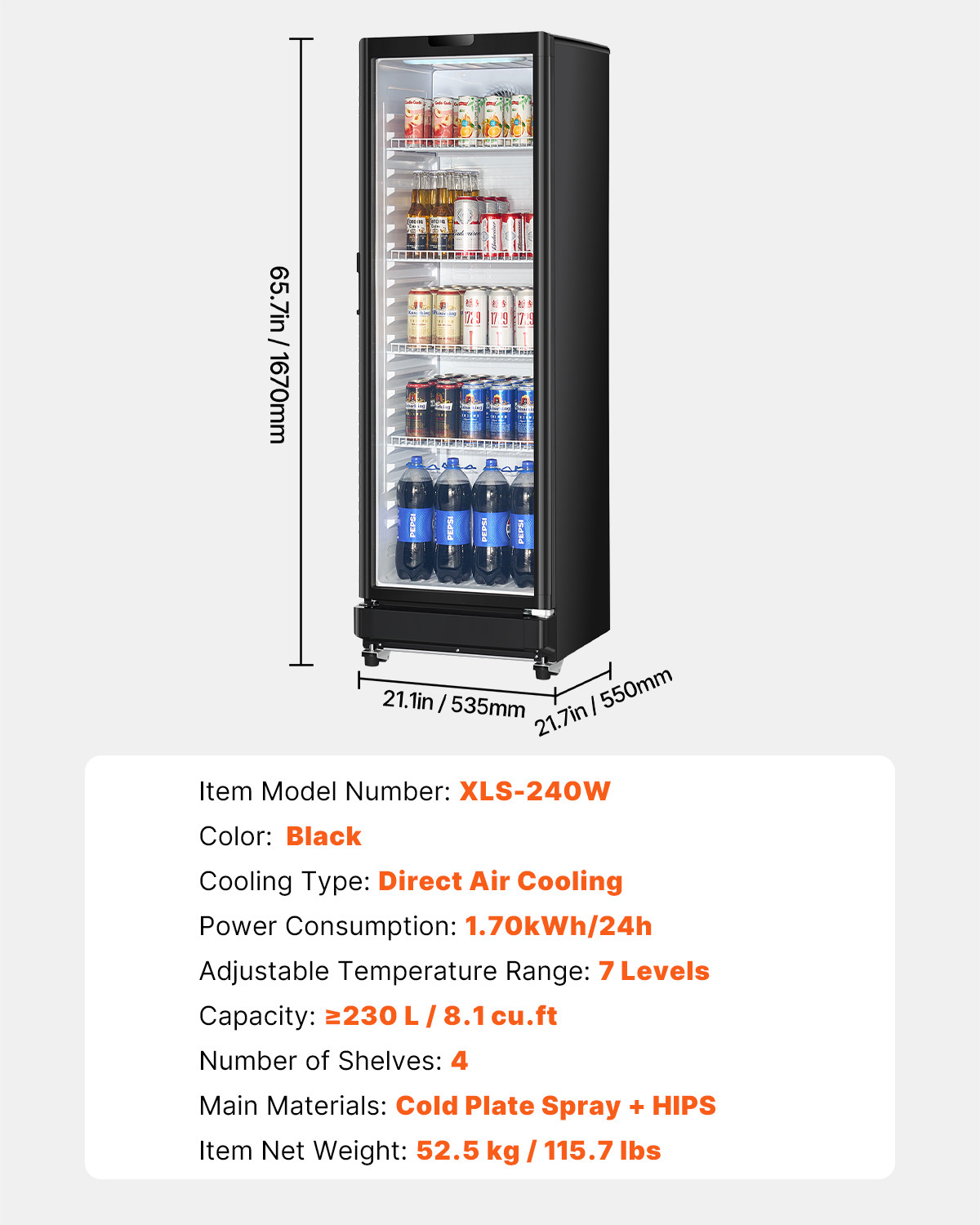 VEVOR Commercial Merchandiser Refrigerator 8.1 CU.FT Glass Door Beverage