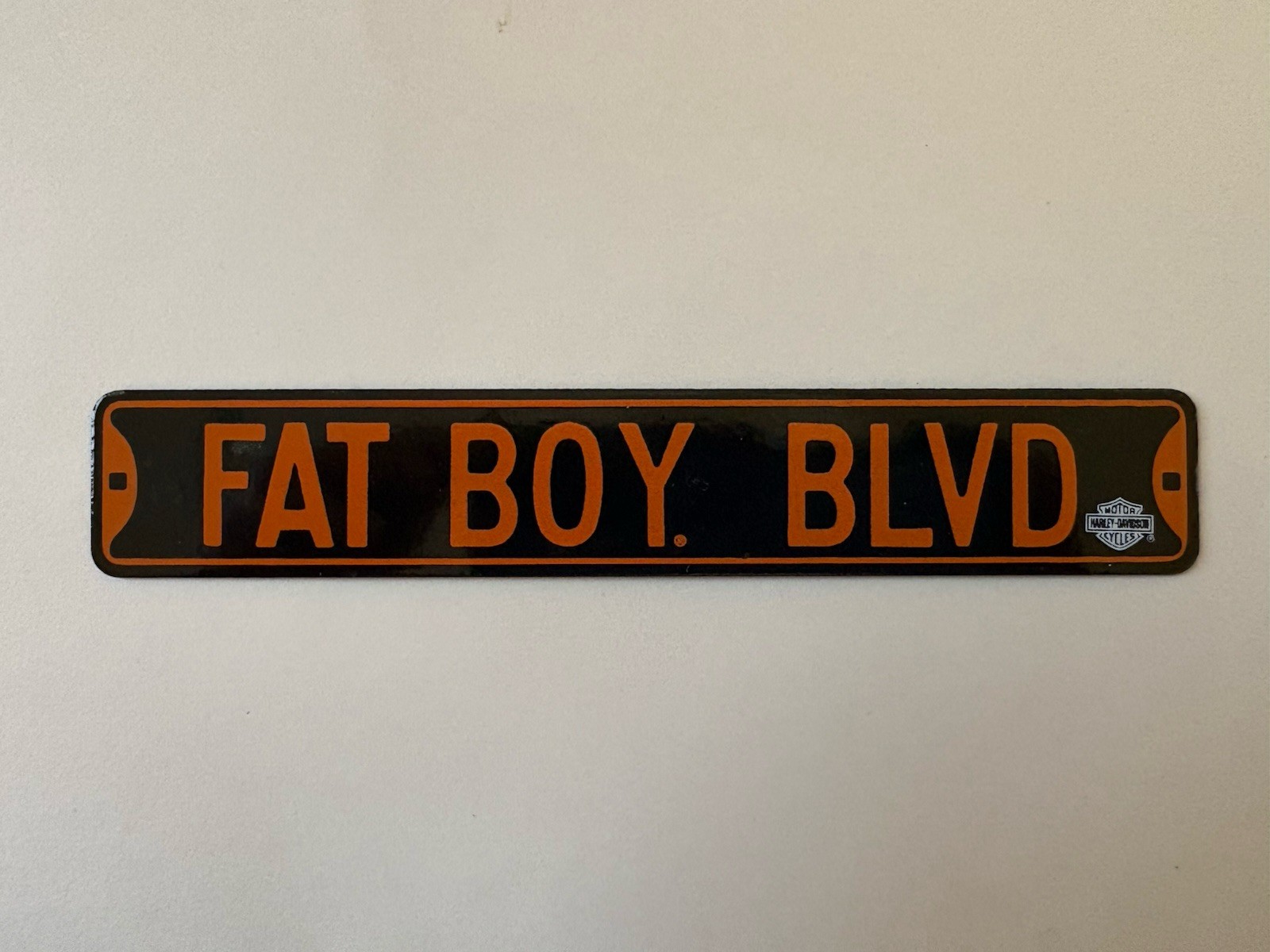 Harley Davidson MINIATURE Enameled Metal Boulevard Fat Boy Novelty Sign 6” x 1”