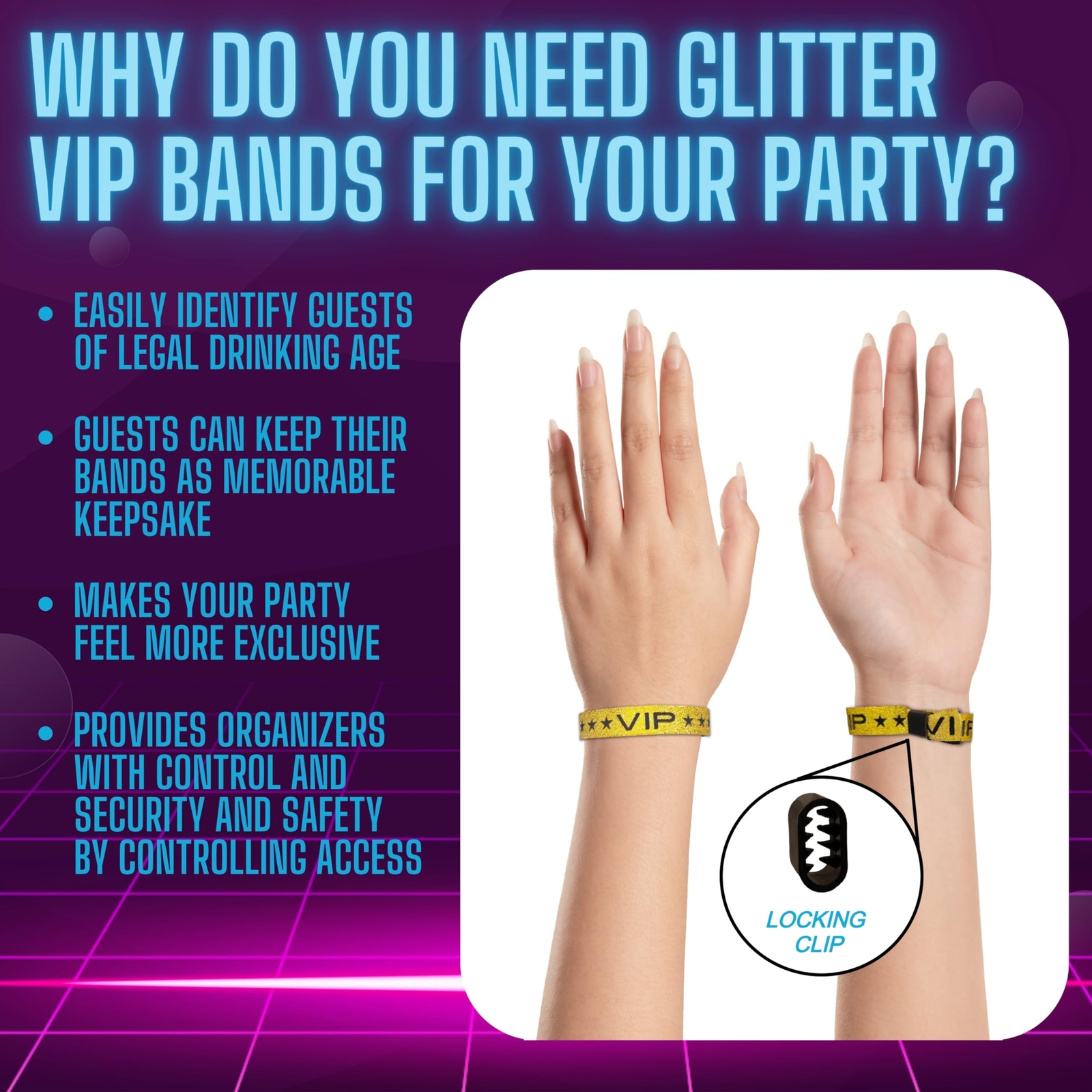 110 Pack Glitter Gold VIP Party Wristbands with Secure Locking Clip. Must Hav...