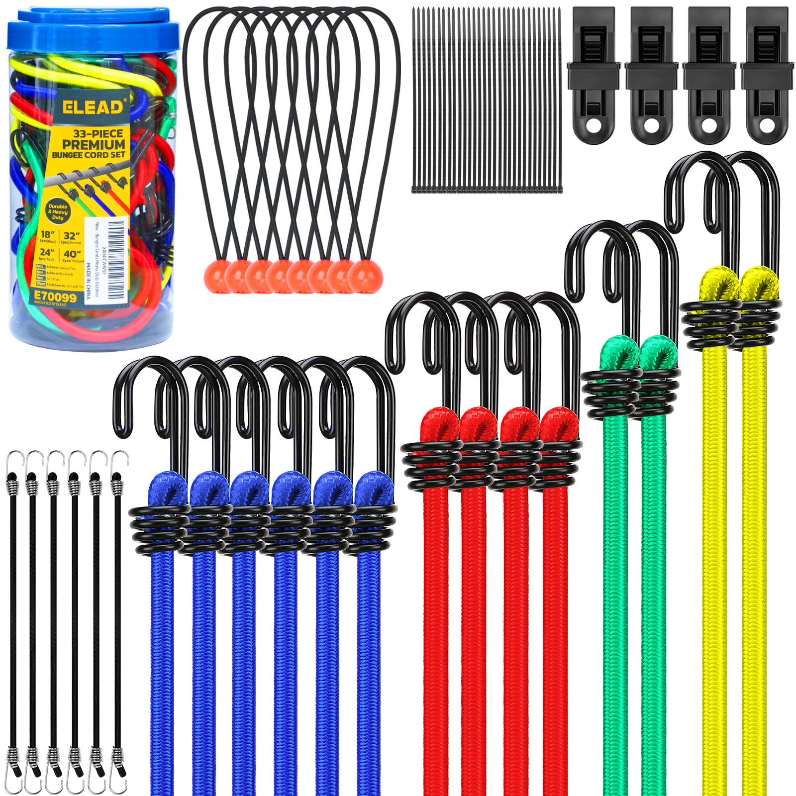 33PC Bungee Cords Set 10" 18" 24" 32" 40" Cable Ties Canopy Tarp Cargo Securing