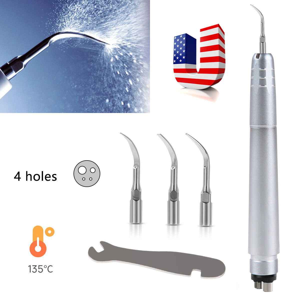 Dental Piezo Ultrasonic Air Scaler Handpiece Hygienist 4Holes With 3 Tips/ 10 G3