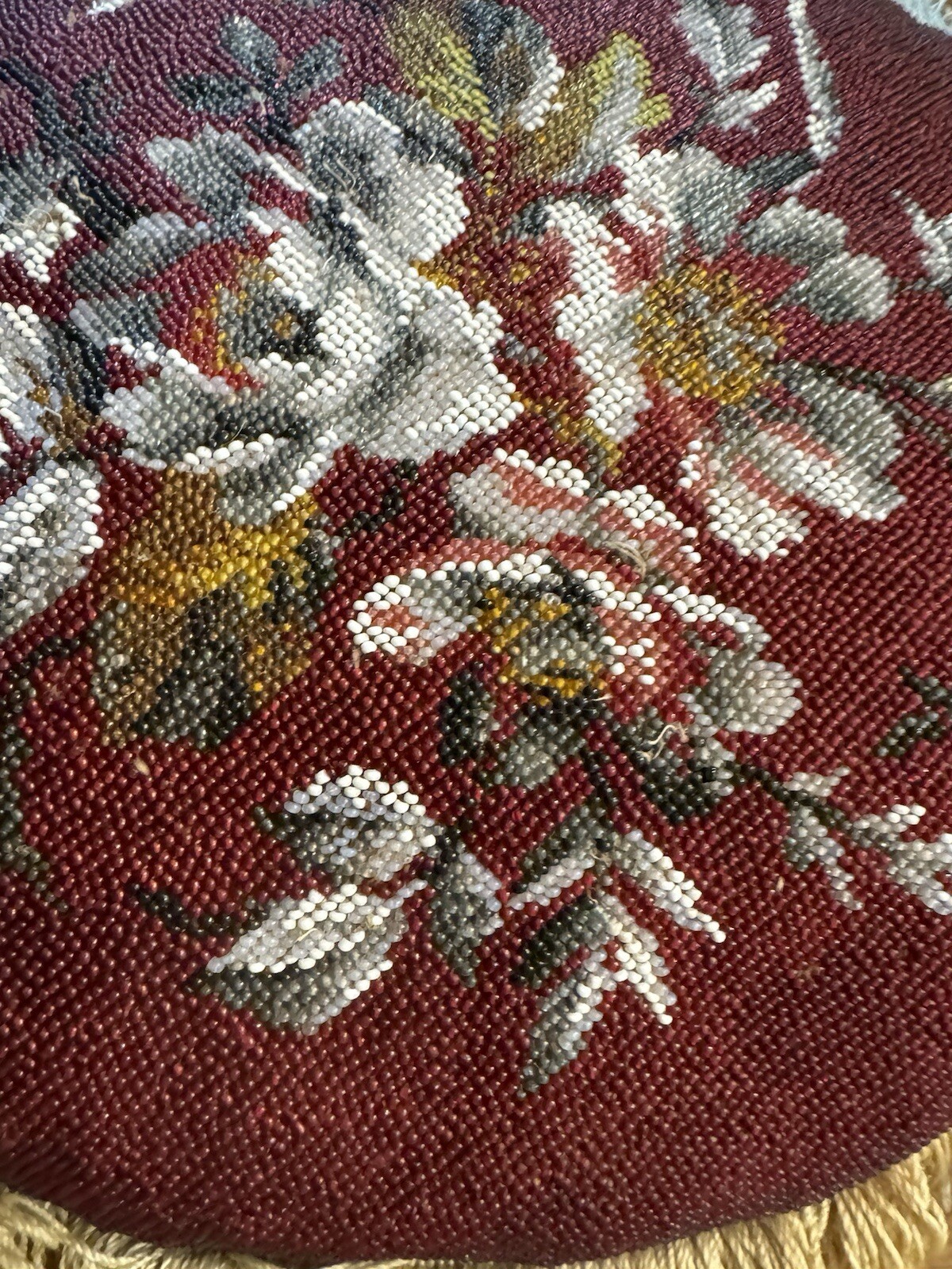 Victorian UK Embroidered & Beaded 13” Chair Seat Cushion w/ Purple Velvet Bottom