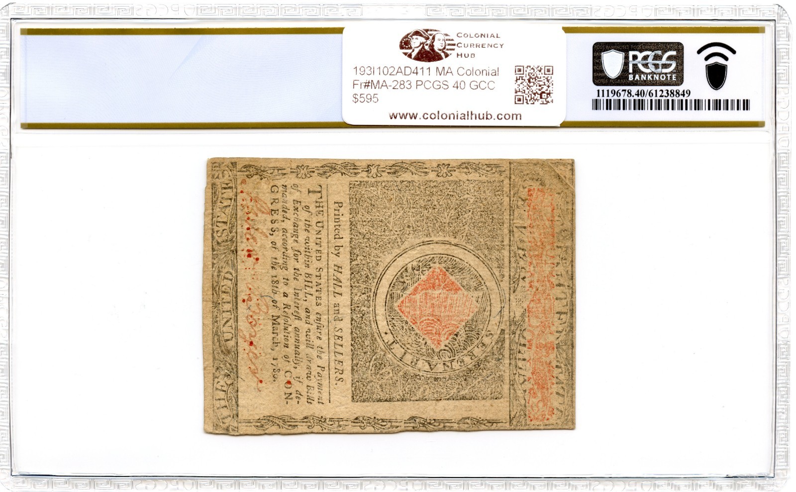 Massachusetts Colonial Note Fr#MA-283 May 5, 1780 $7 PCGS XF-40 GCC *Uncancelled