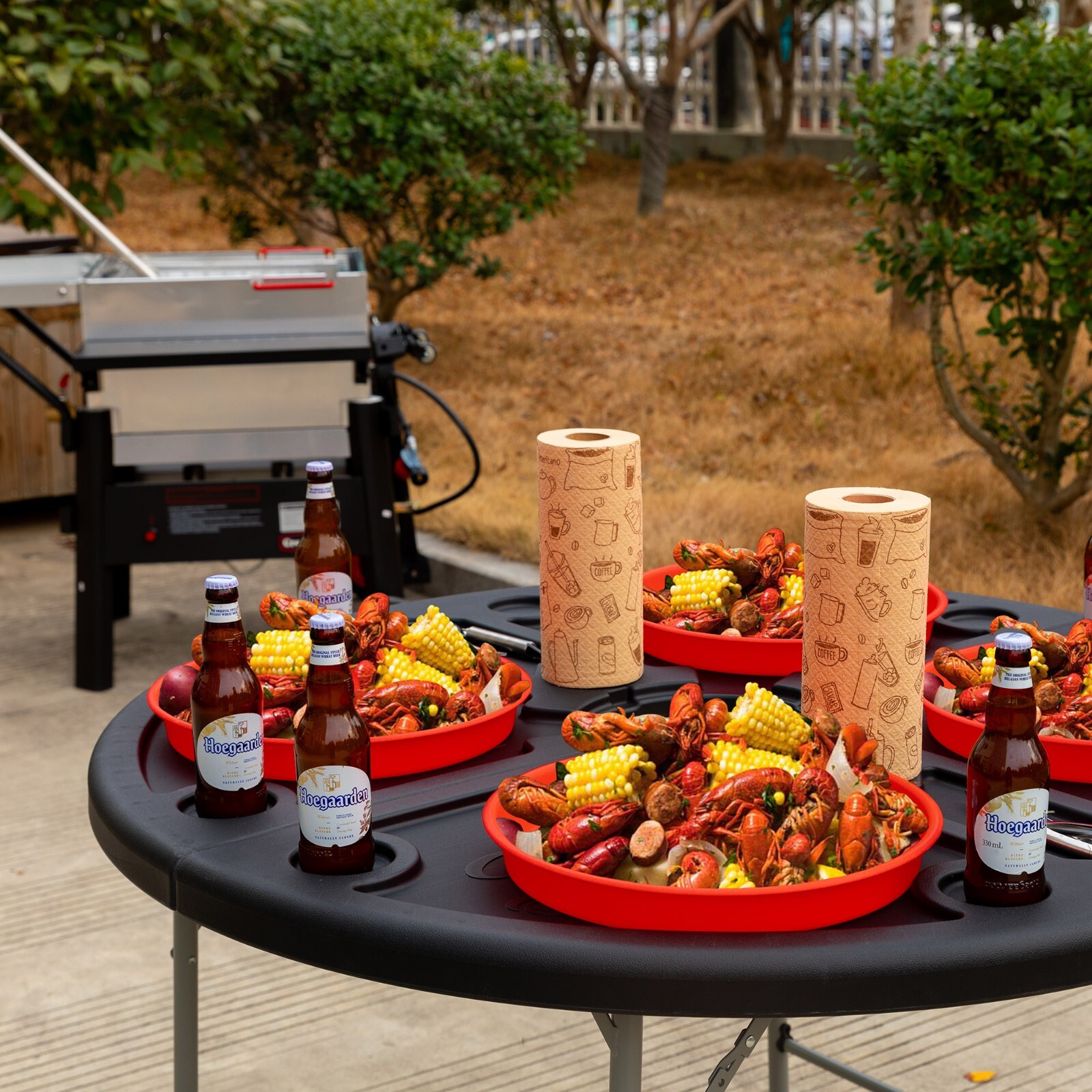 Creole Feast Foldable 47-inch Round Crawfish Table, Portable Table, Black