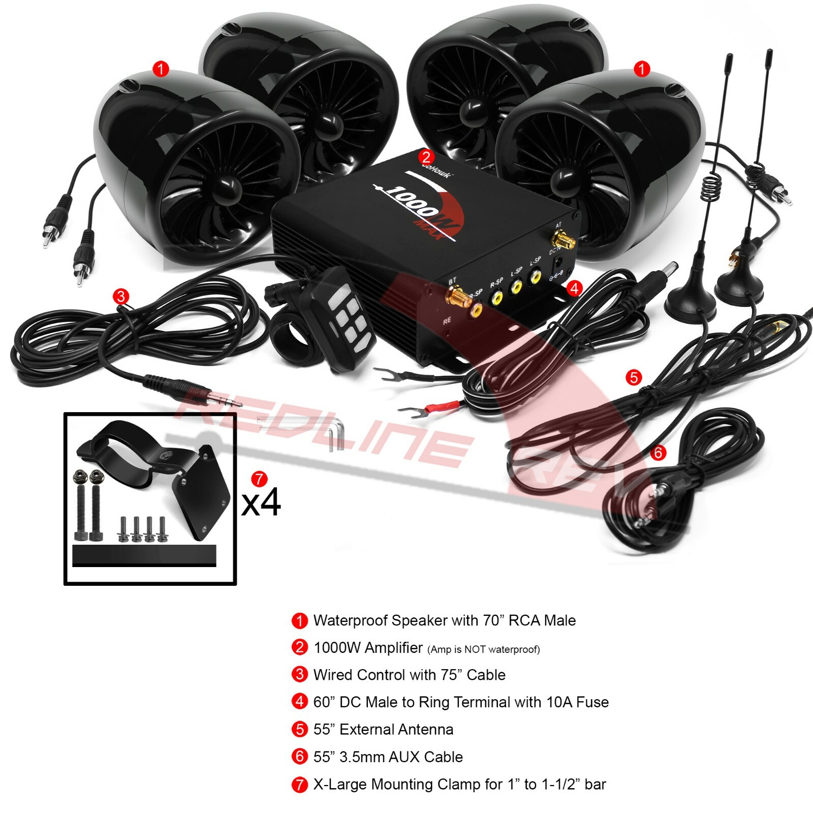 1000W Amp Motorcycle Waterproof Bluetooth Stereo 4-Speakers Audio MP3 System ATV