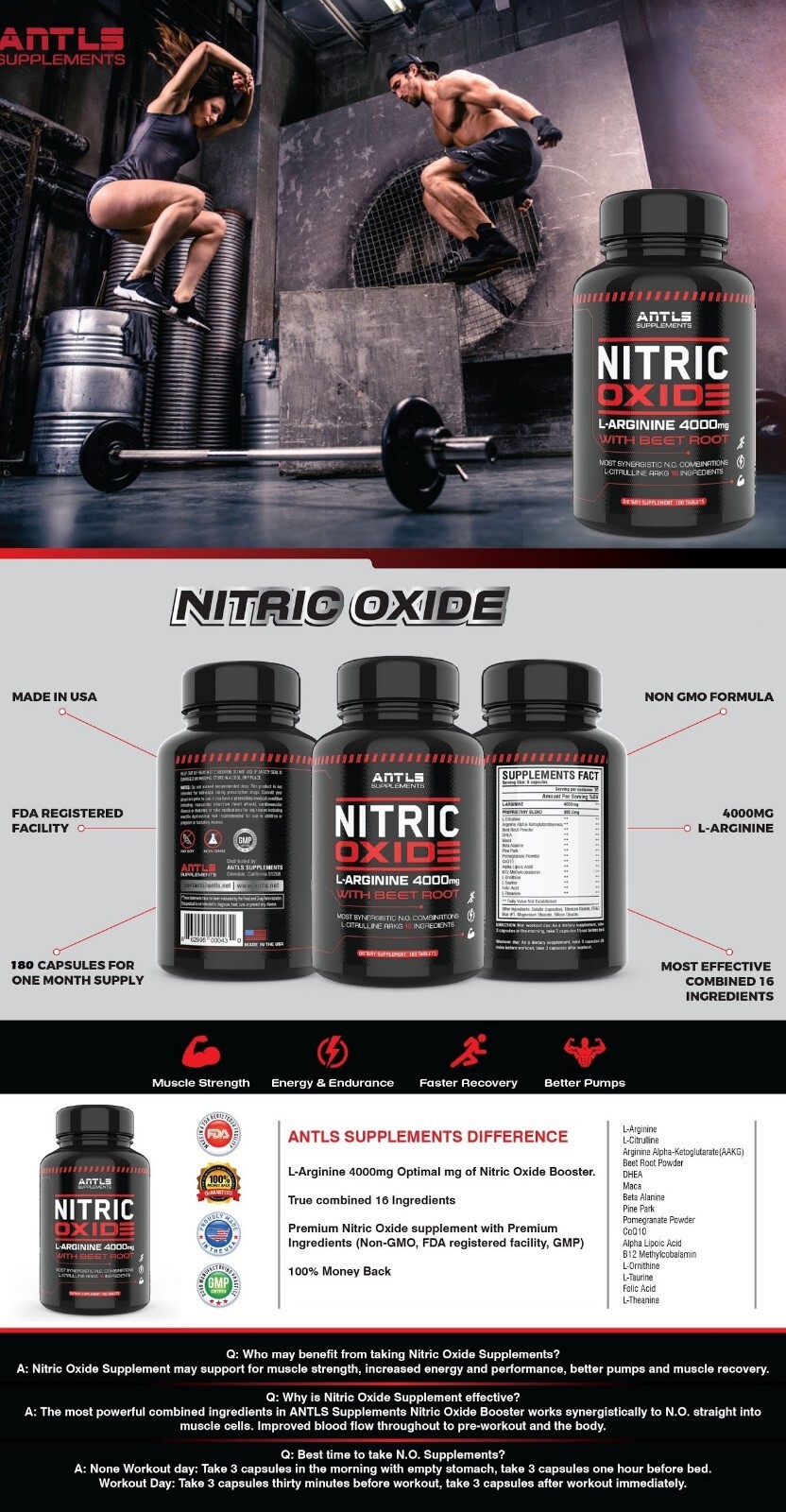 Nitric Oxide L-Arginine Pre Workout+Testosterone Booster,Multivitamin Men,Test