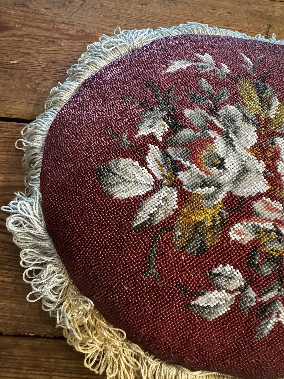 Victorian UK Embroidered & Beaded 13” Chair Seat Cushion w/ Purple Velvet Bottom