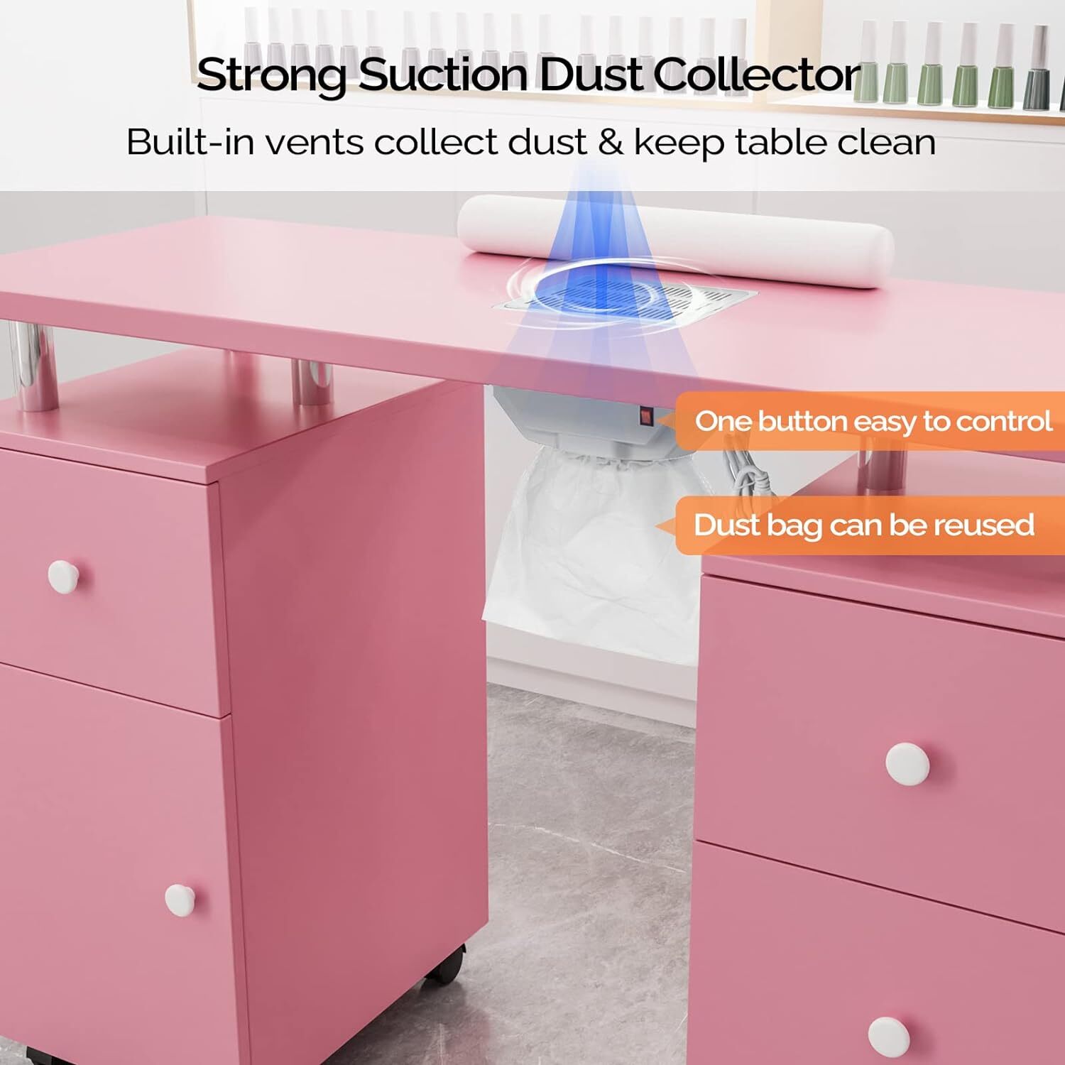 Pink Manicure Table Nail Desk Nail Table Beauty Salon Station w/ Dust Collector