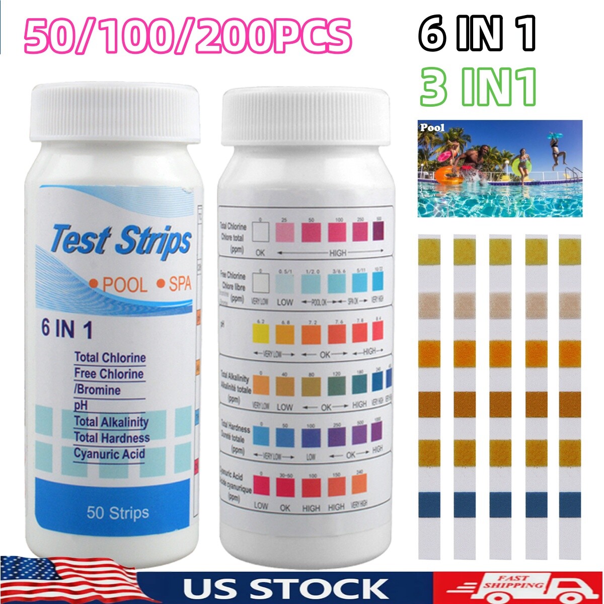 200PCS 6IN1 Chlorine Dip Test Strips Hot Tub SPA Swimming Pool PH Tester Paper