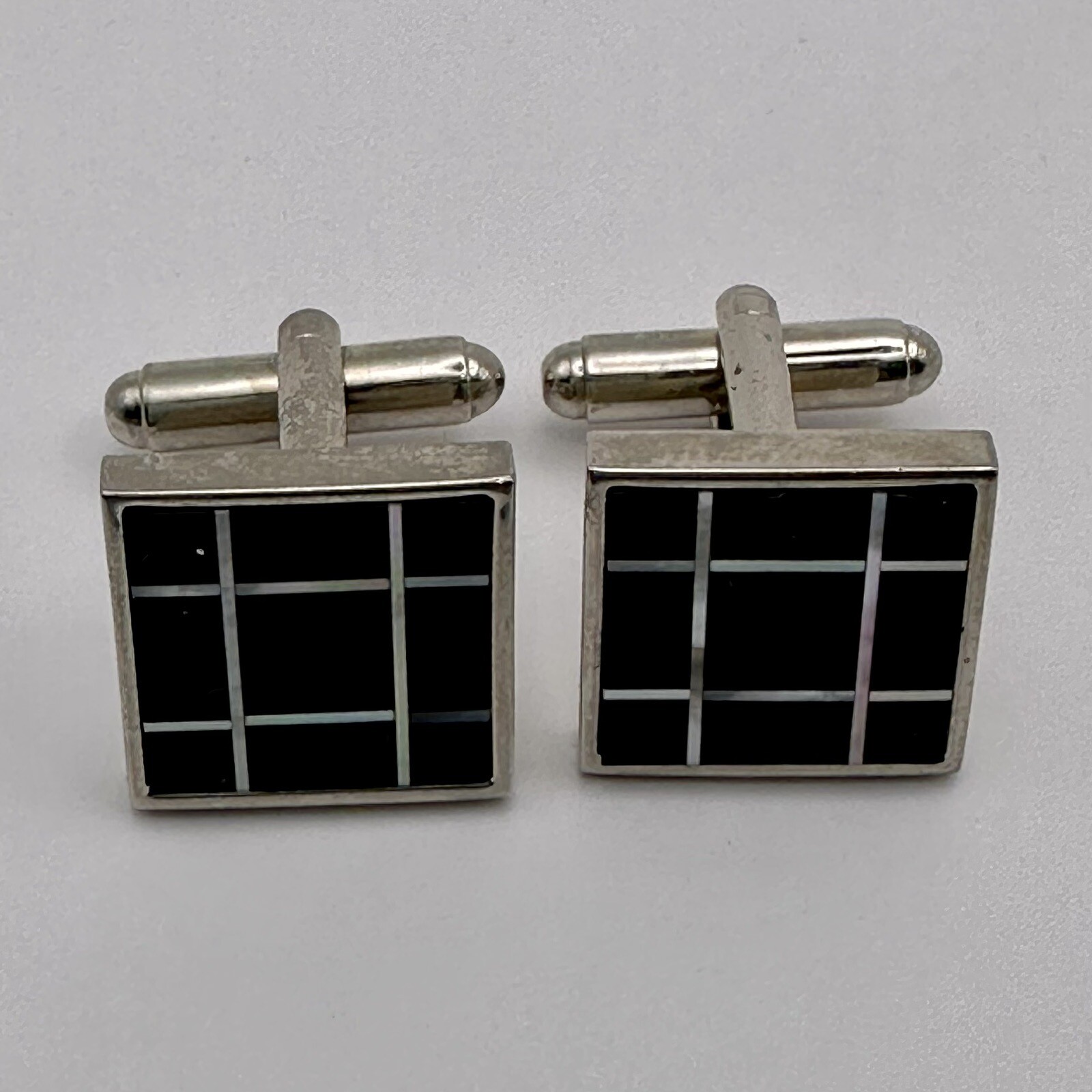 Modernist Black White Cufflinks Onyx Mother Of Pearl Square Geometric Pair