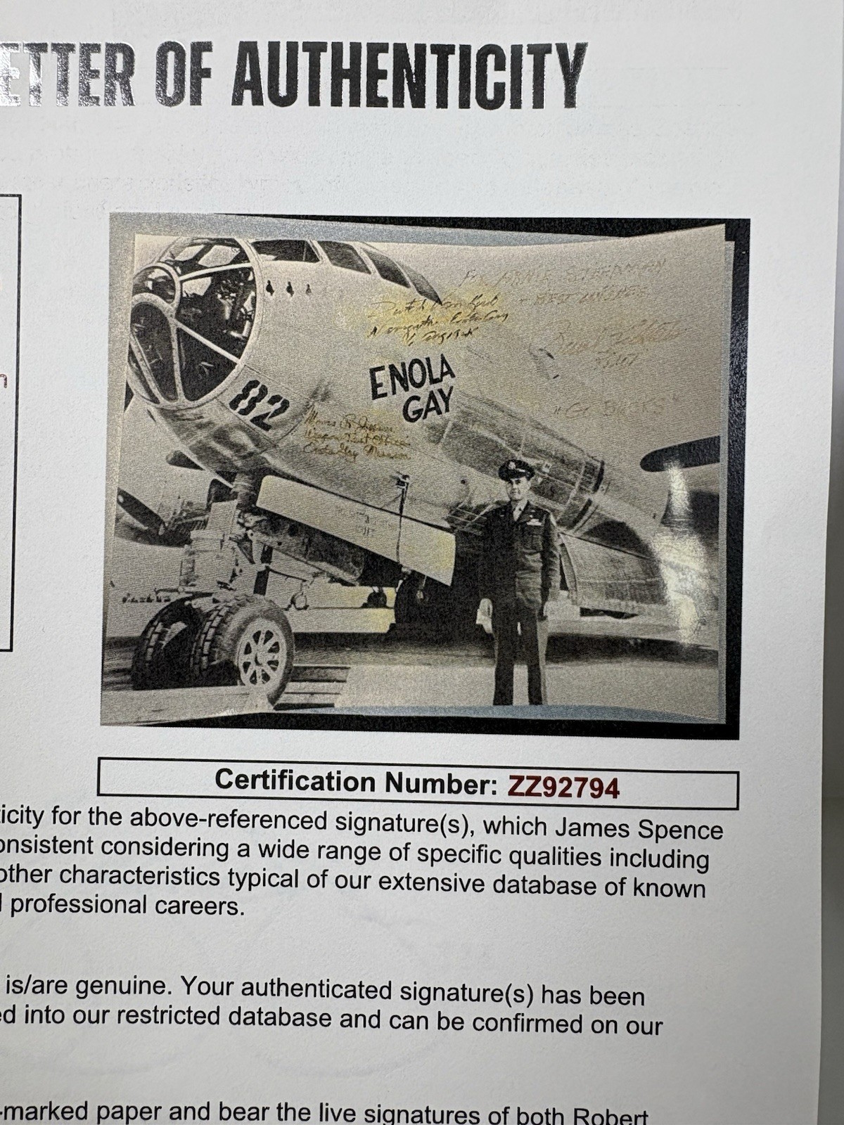 Enola Gay Crew "Hiroshima " Signed Photo Tibbets~Jeppson~Van Kirk JSA LOA