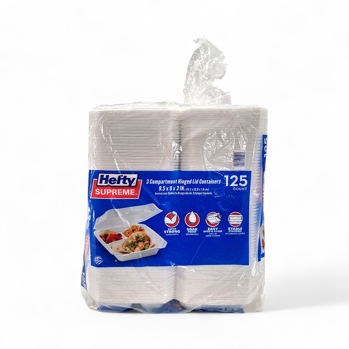 Hefty Supreme Foam Hinged Lid Container, 3-Compartment - 125 Count