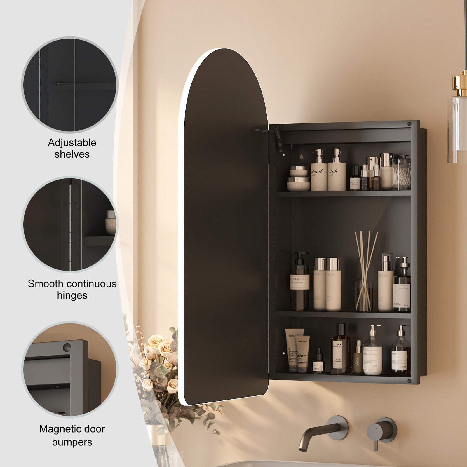 Arched LED Lighted Bathroom Medicine Mirror Cabinet with Anti-Fog Dimmable Light