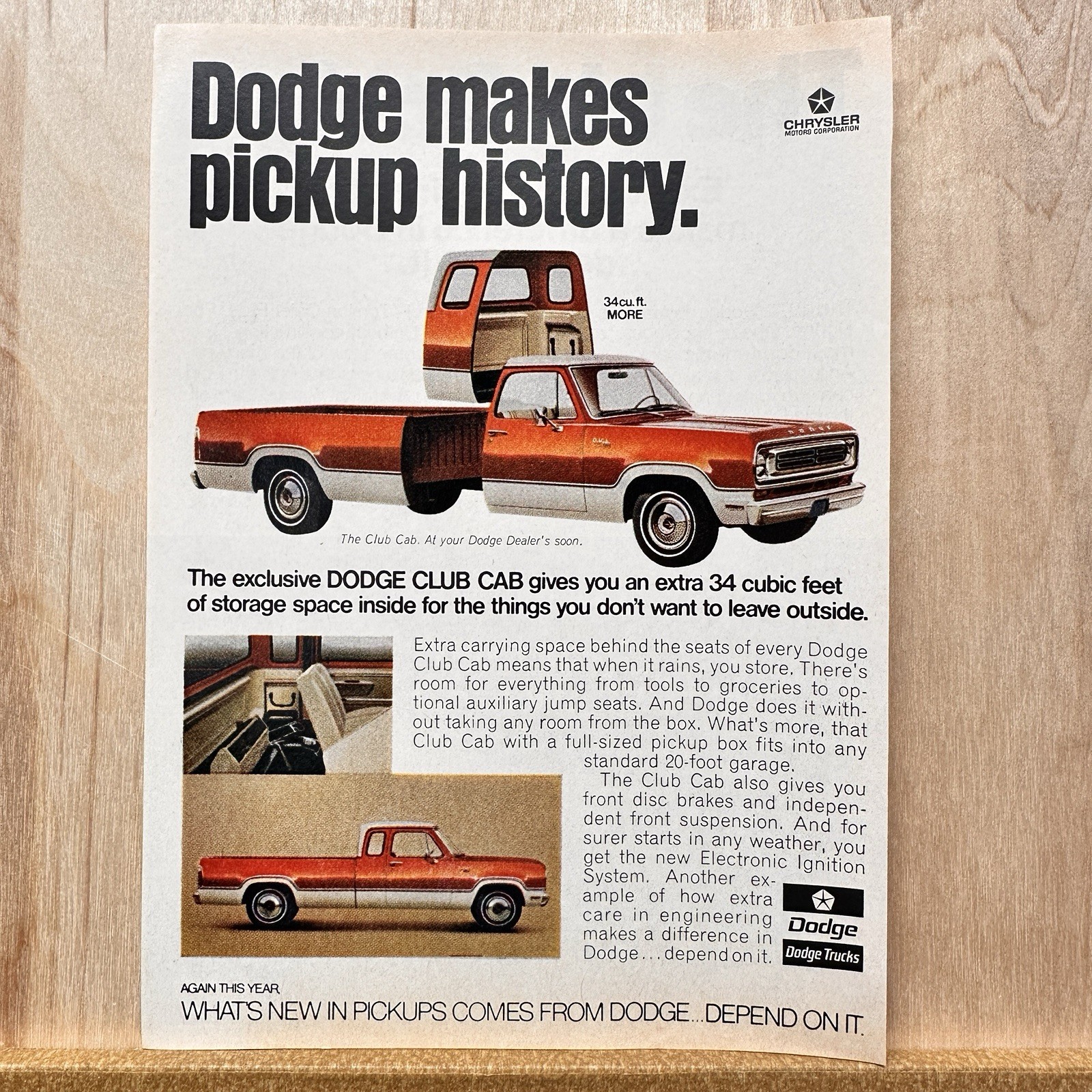 1973 Dodge Club Cab Pickup Truck Makes History Vintage Print Ad Auto Advert